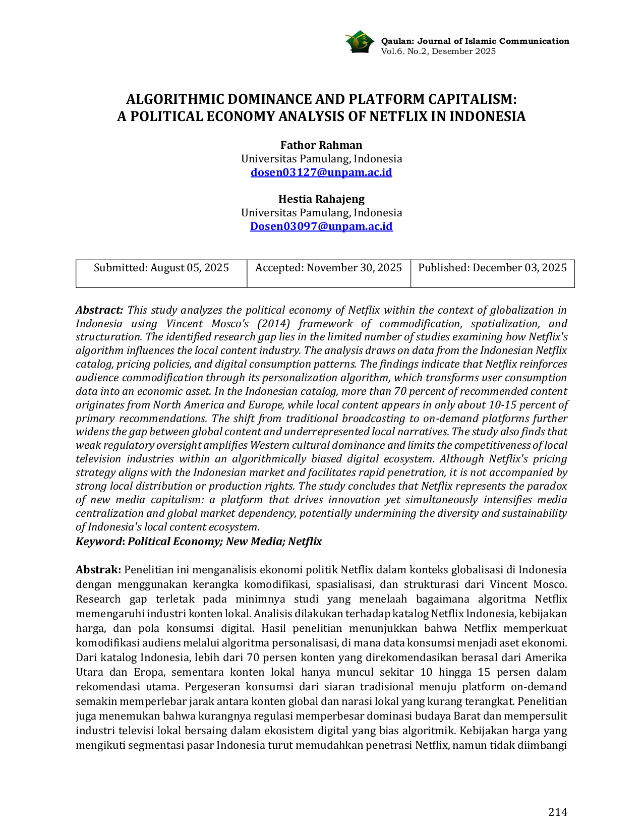 JURIS Algorithmic Dominance and Platform Capitalism A Political Economy Analysis of Netflix in Indonesia