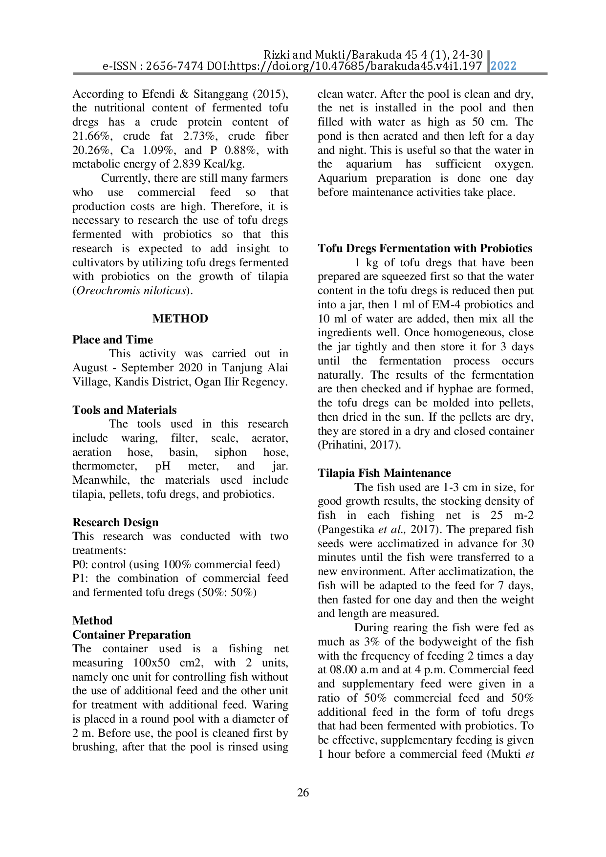 juris Utilization Of Fermented Tofu Waste As Additional Feed On The Growth Of Tilapia Oreochromis Niloticus