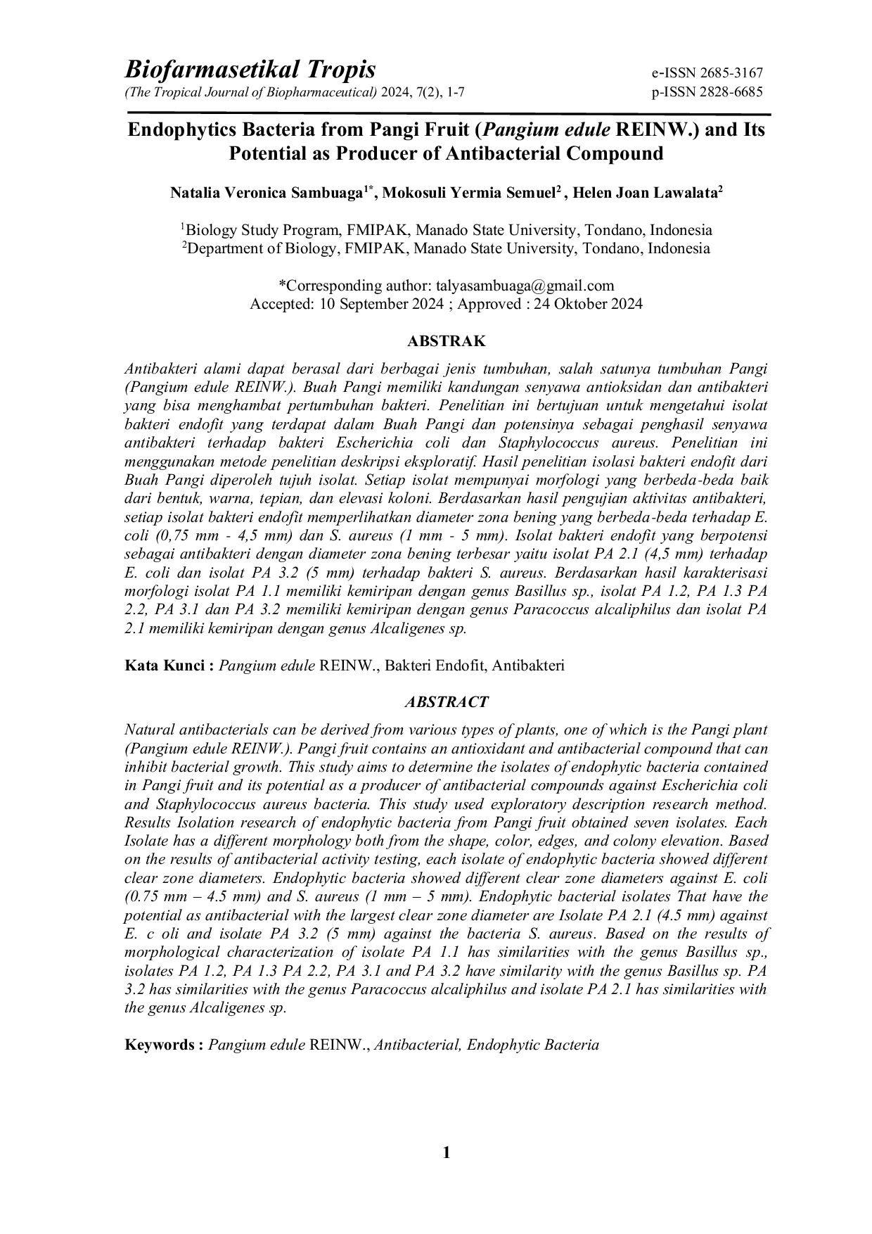 JURIS Endophytics Bacteria from Pangi Fruit Pangium edule REINW and Its Potential as Producer of Antibacterial Compound