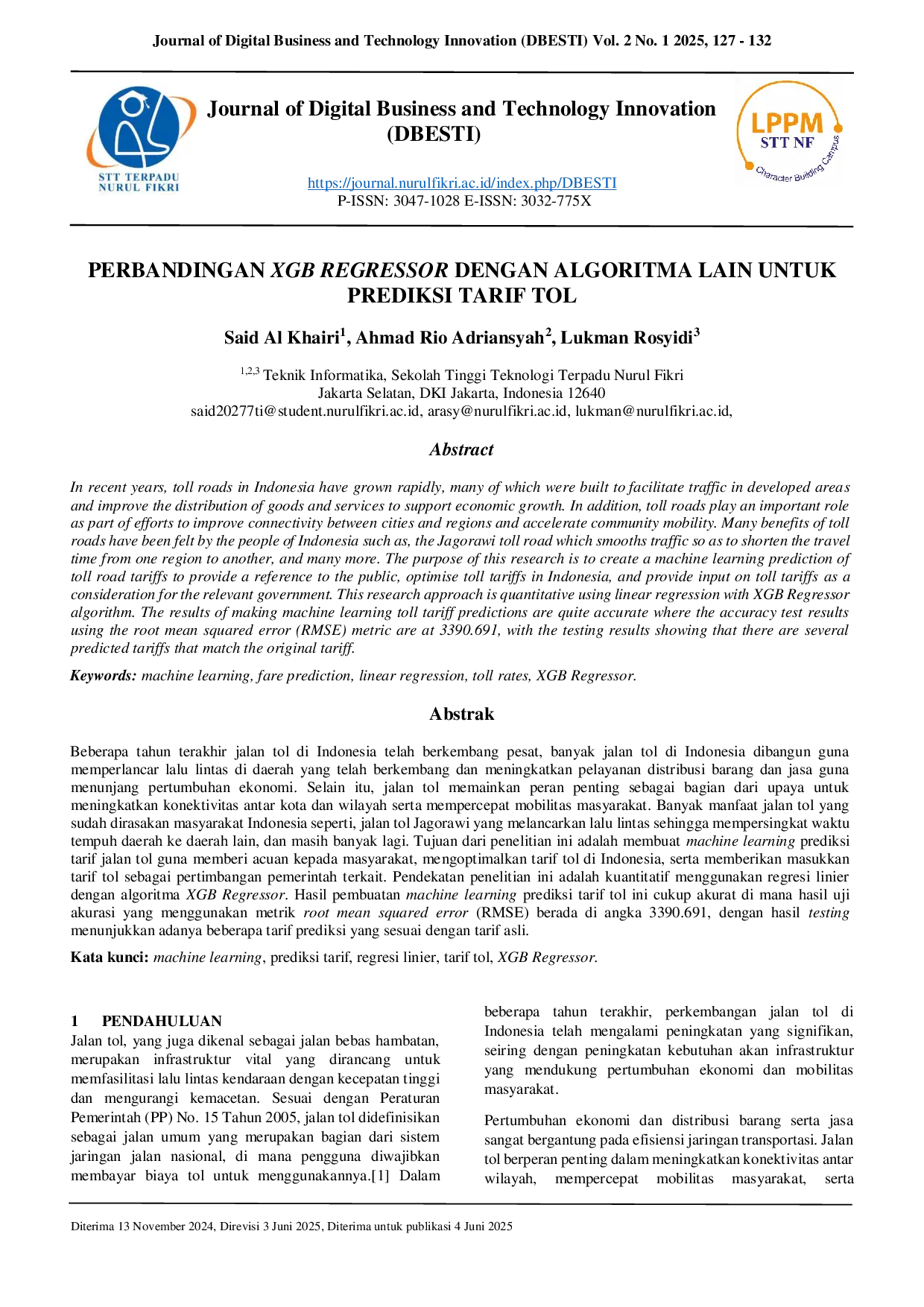 JURIS Comparison of XGB Regressor with Other Algorithms for Toll Fare Prediction