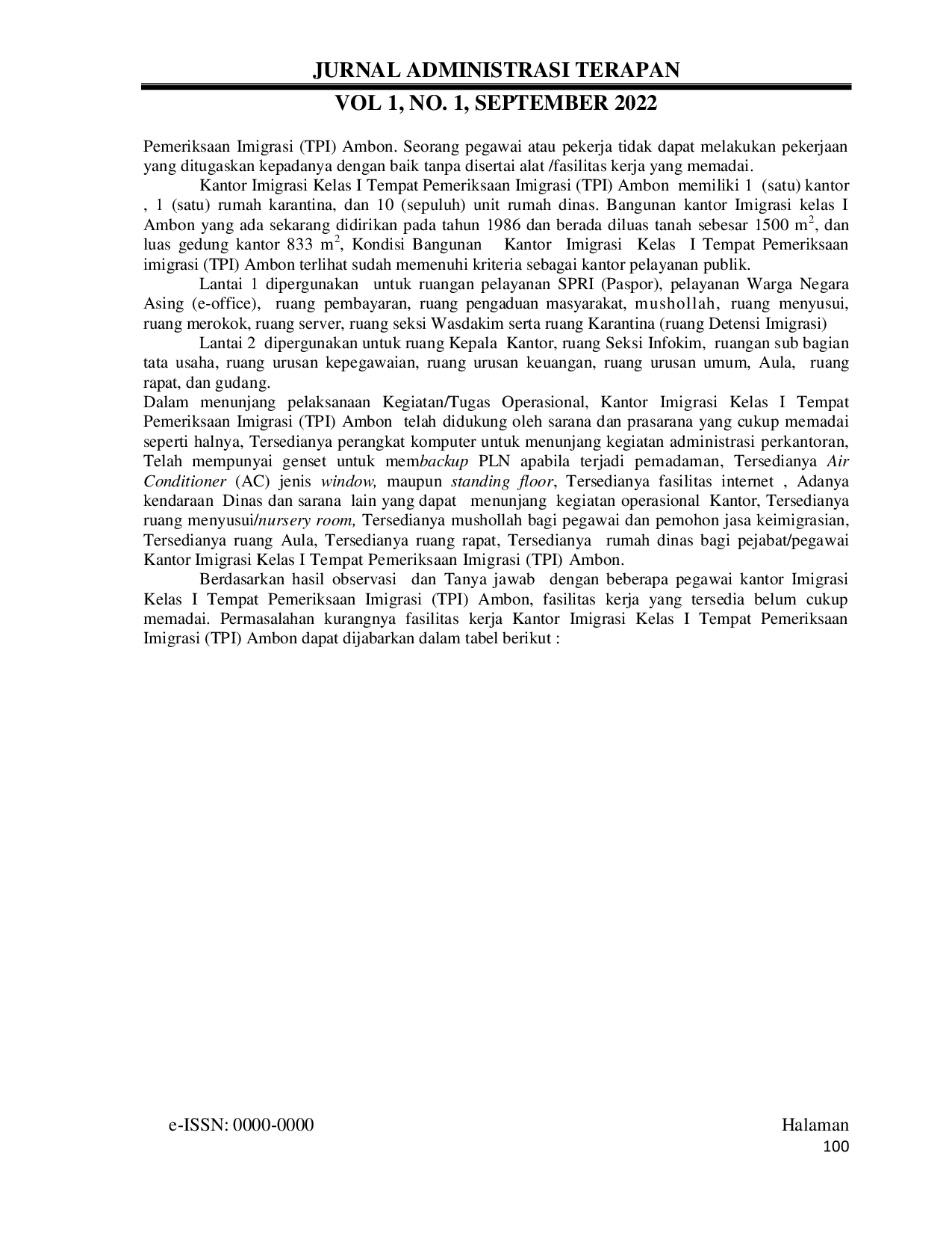 JURIS Pengaruh Fasilitas Kerja Terhadap Kinerja Pegawai Pada Kantor Imigrasi Kelas I Tempat Pemeriksaan Imigrasi TPI Ambon