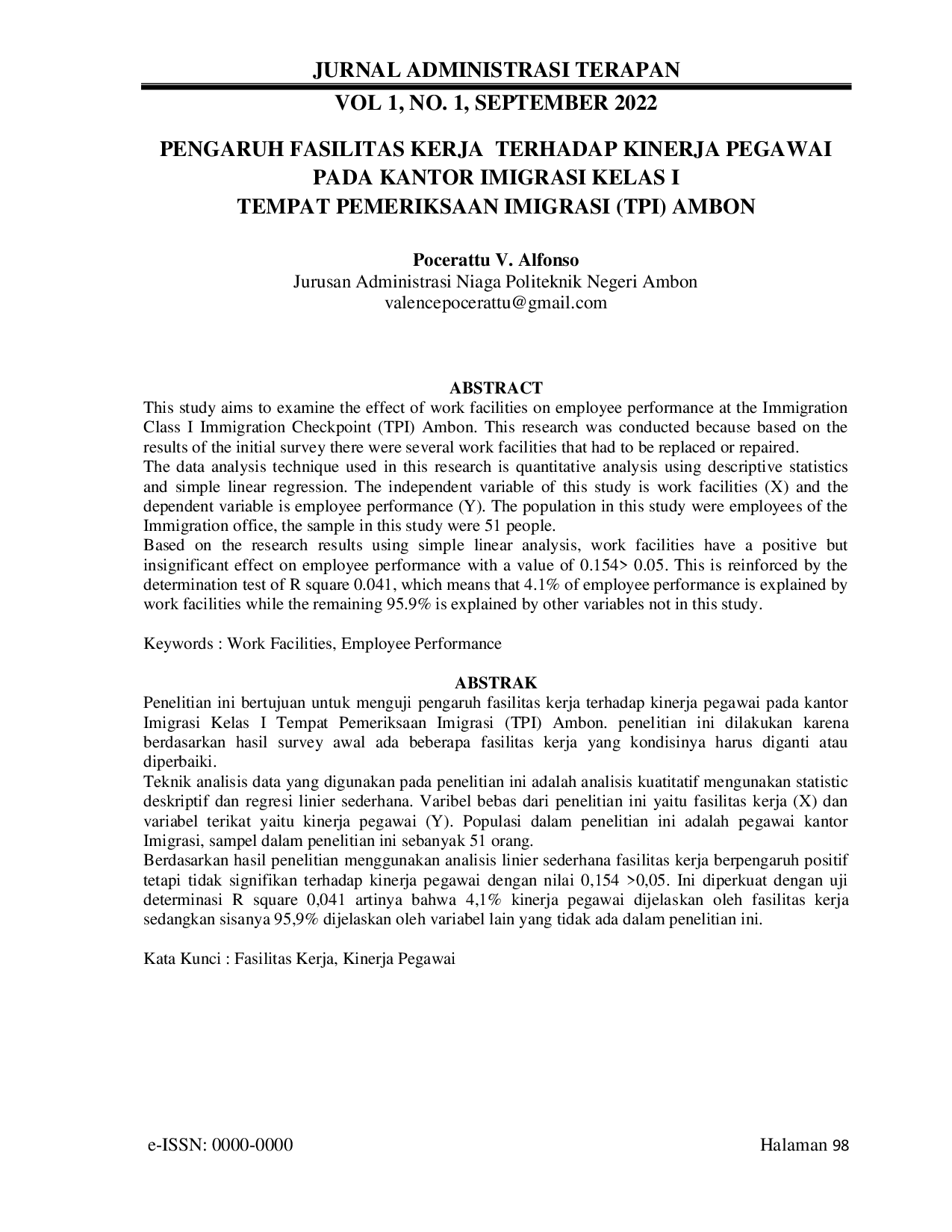 JURIS Pengaruh Fasilitas Kerja Terhadap Kinerja Pegawai Pada Kantor Imigrasi Kelas I Tempat Pemeriksaan Imigrasi TPI Ambon