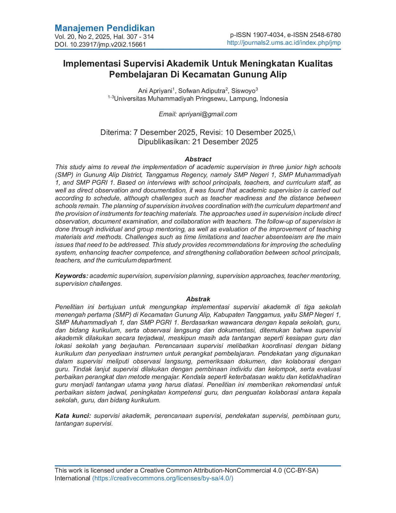 JURIS Implementasi Supervisi Akademik Untuk Meningkatkan Kualitas Pembelajaran Di Kecamatan Gunung Alip