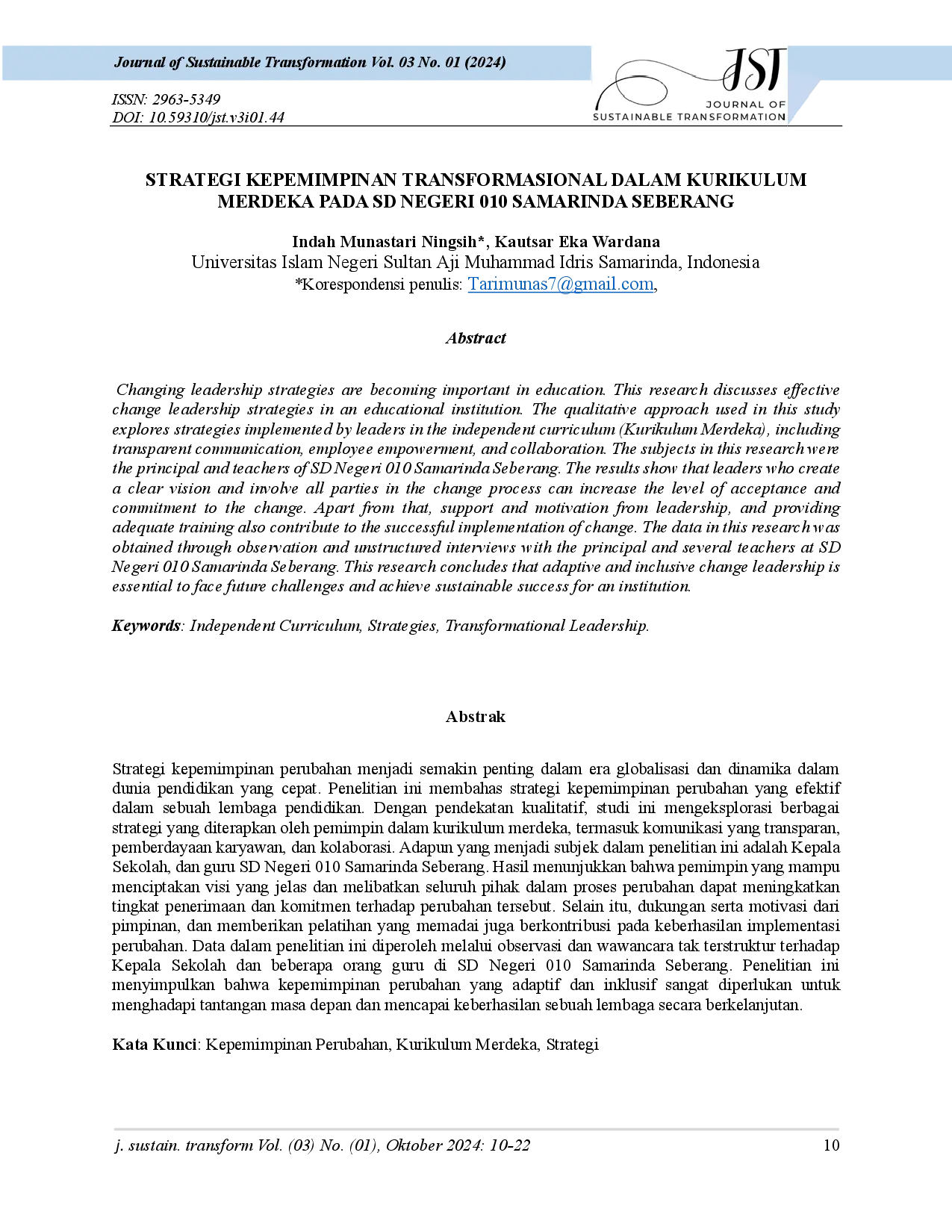 juris Strategi Kepemimpinan Transformasional dalam Kurikulum Merdeka pada SD Negeri 010 Samarinda Seberang