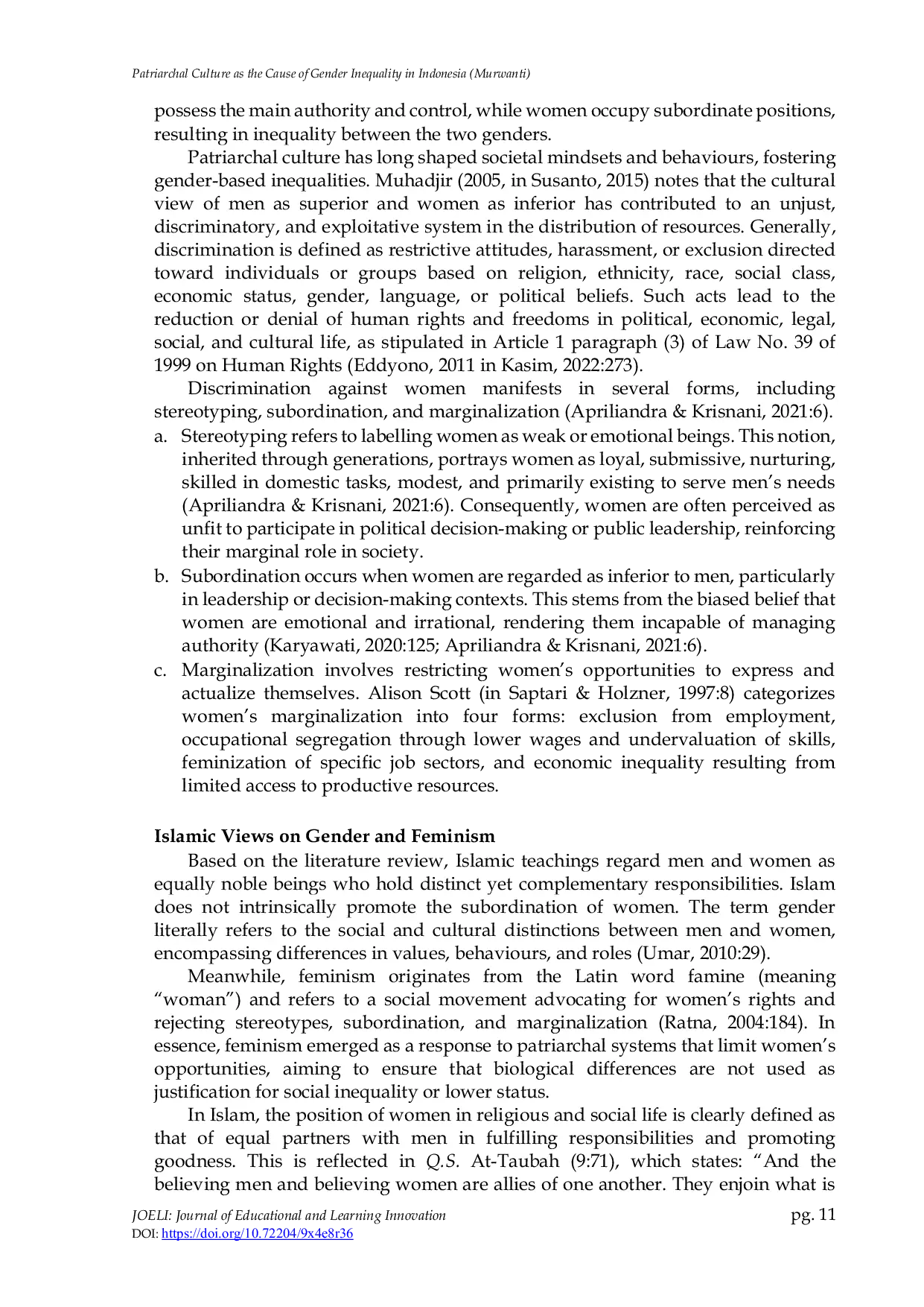 JURIS Patriarchal Culture as the Cause of Gender Inequality in Indonesia