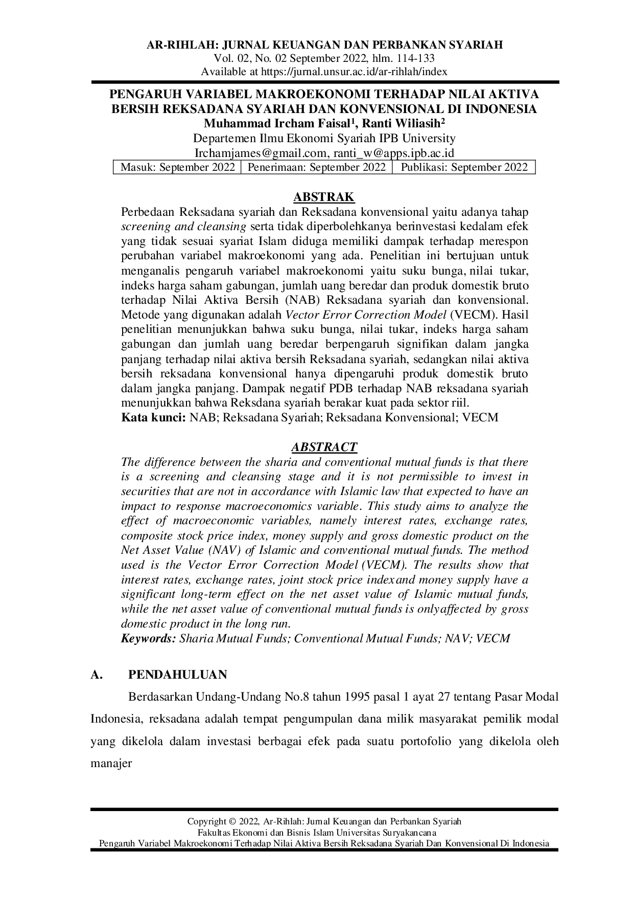 JURIS Pengaruh Variabel Makroekonomi Terhadap Nilai Aktiva Bersih Reksadana Syariah Dan Konvensional Di Indonesia