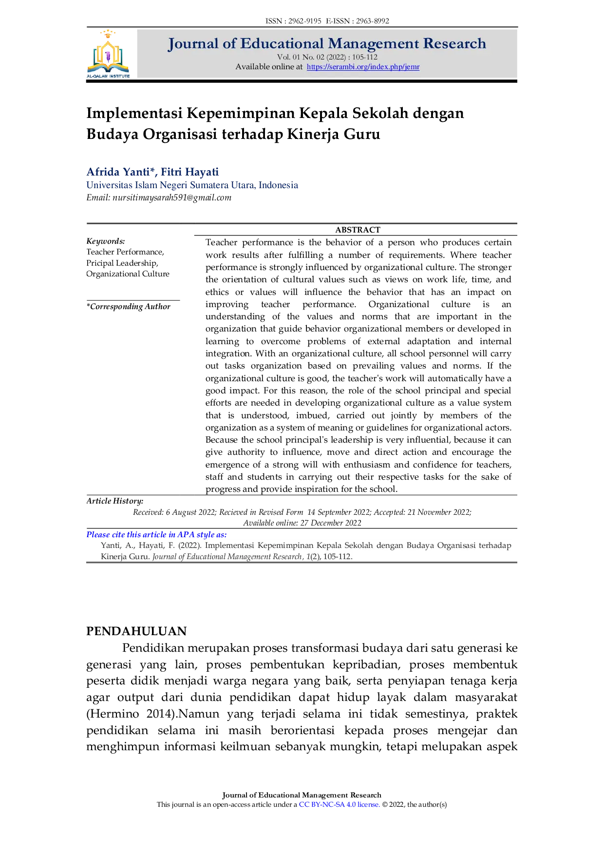JURIS Implementasi Kepemimpinan Kepala Sekolah dengan Budaya Organisasi terhadap Kinerja Guru