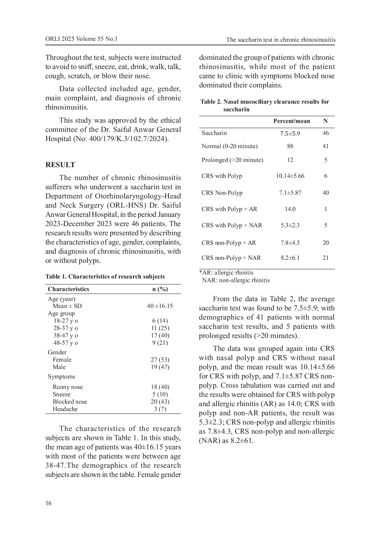 JURIS The Saccharin Test In Chronic Rhinosinusitis