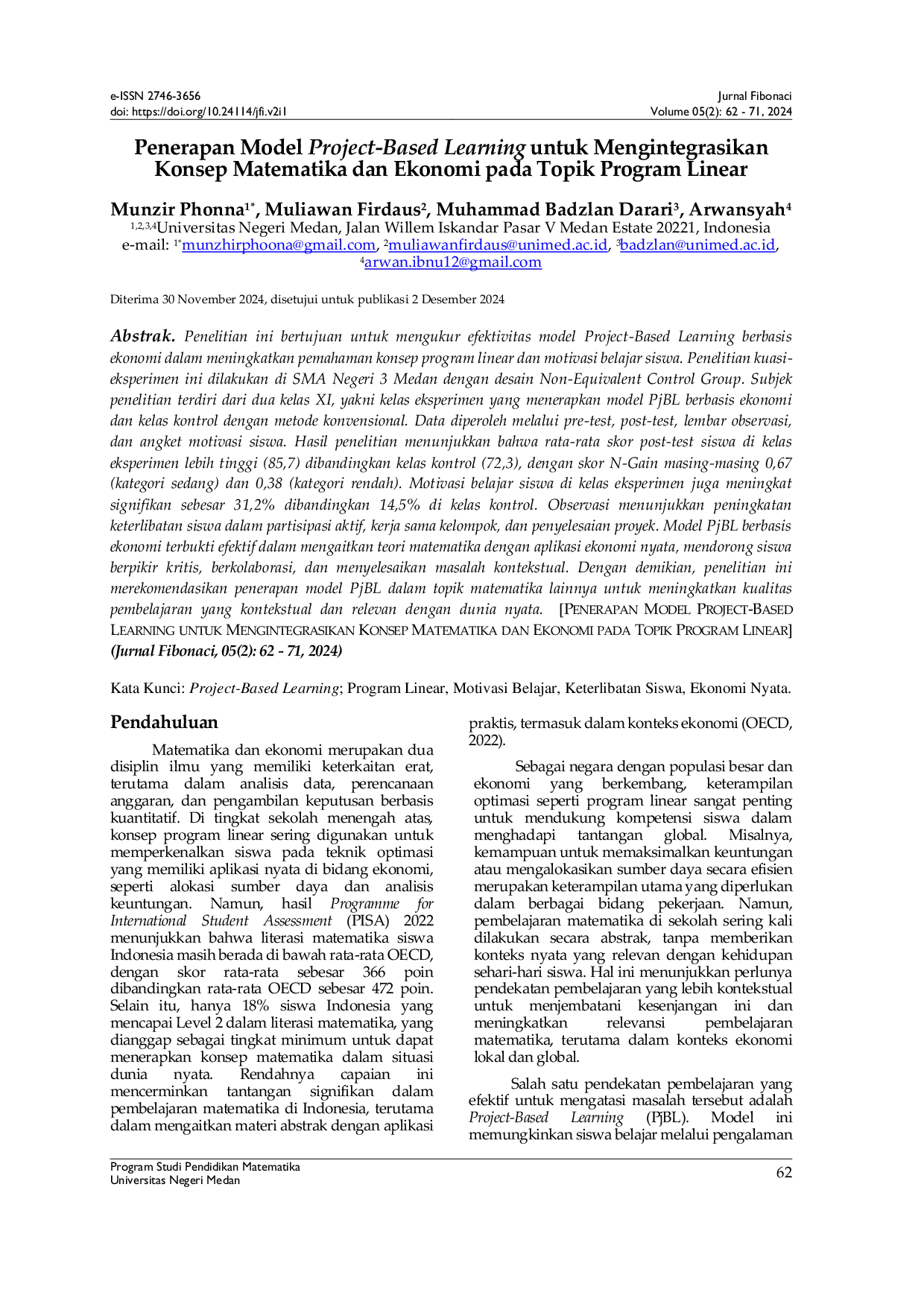 JURIS Penerapan Model Project Based Learning untuk Mengintegrasikan Konsep Matematika dan Ekonomi pada Topik Program Linear