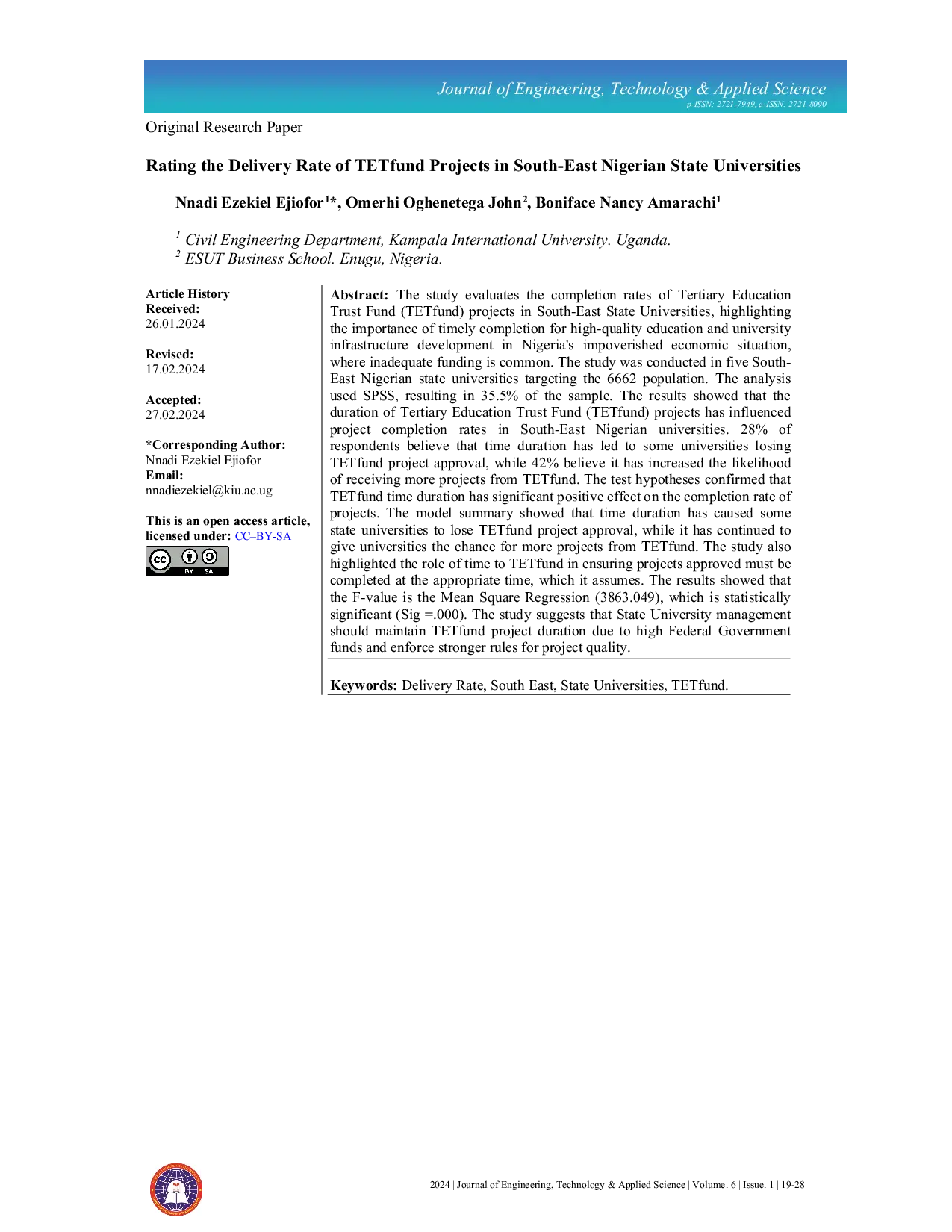 JURIS Rating the Delivery Rate of TETfund Projects in South East Nigerian State Universities