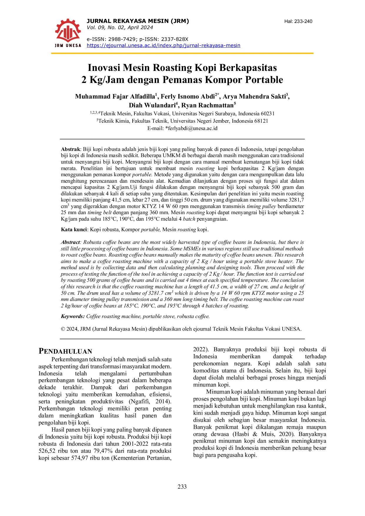 JURIS Inovasi Mesin Roasting Kopi Berkapasitas 2 Kg Jam dengan Pemanas Kompor Portable