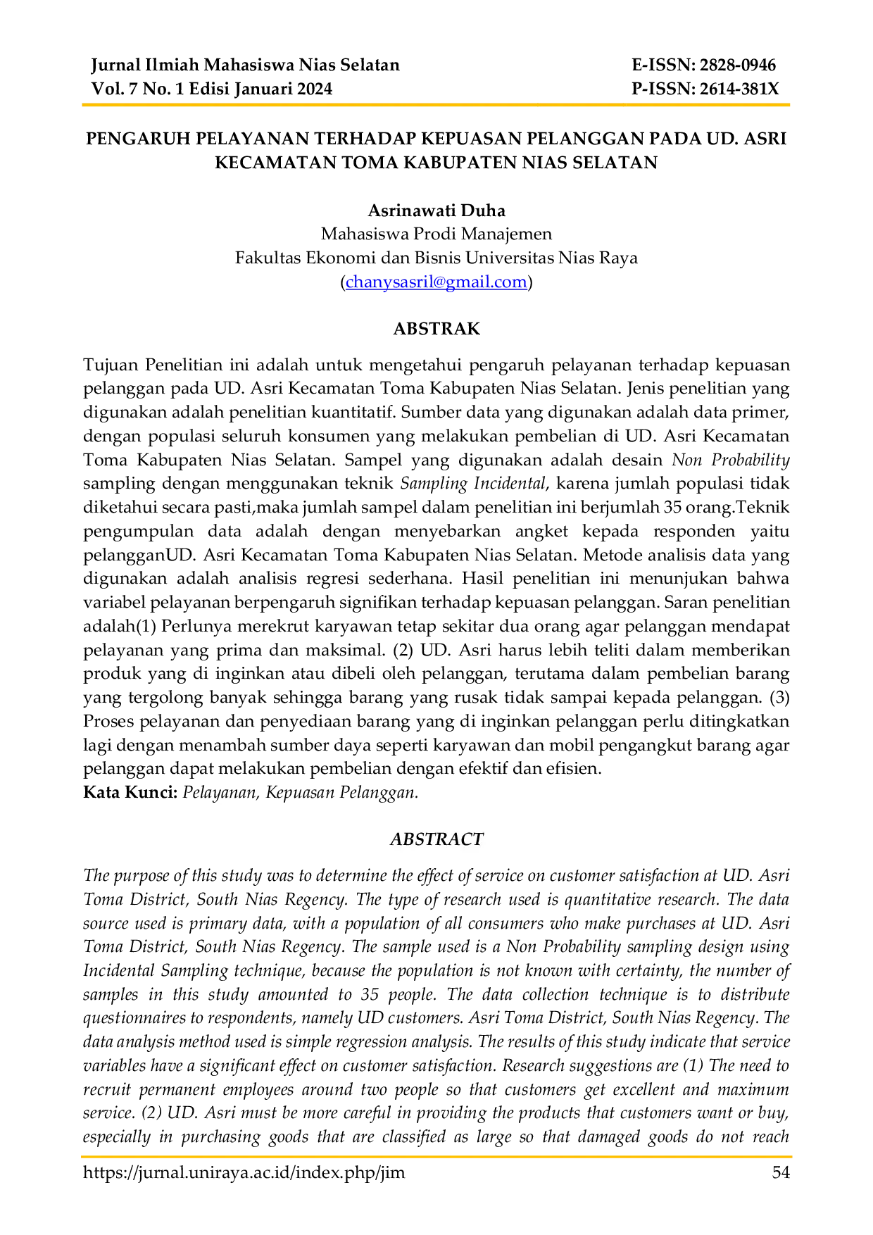 JURIS Pengaruh Pelayanan Terhadap Kepuasan Pelanggan Pada Ud Asri Kecamatan Toma Kabupaten Nias Selatan