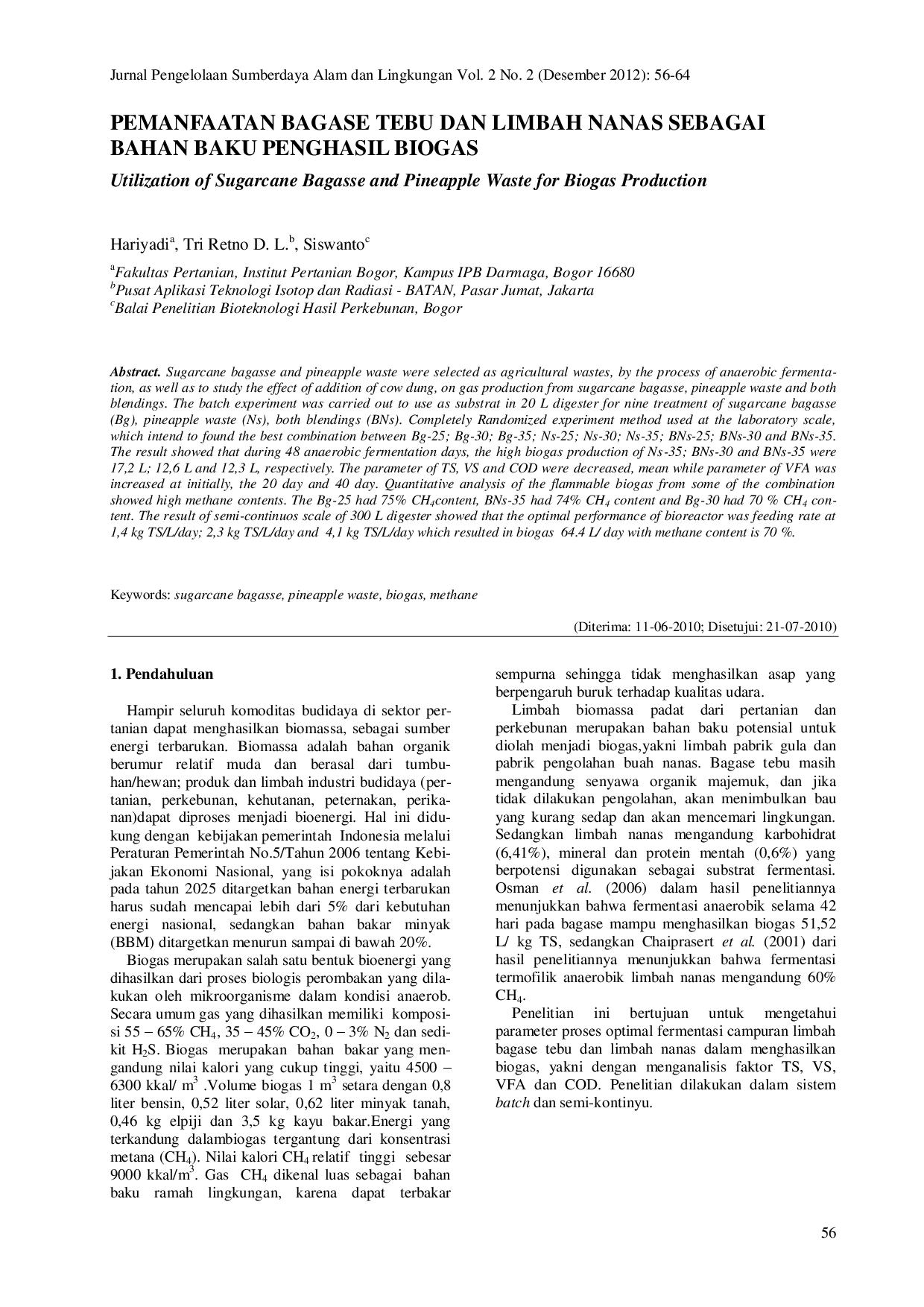 juris Pemanfaatan Bagase Tebu Dan Limbah Nanas Sebagai Bahan Baku Penghasil Biogas