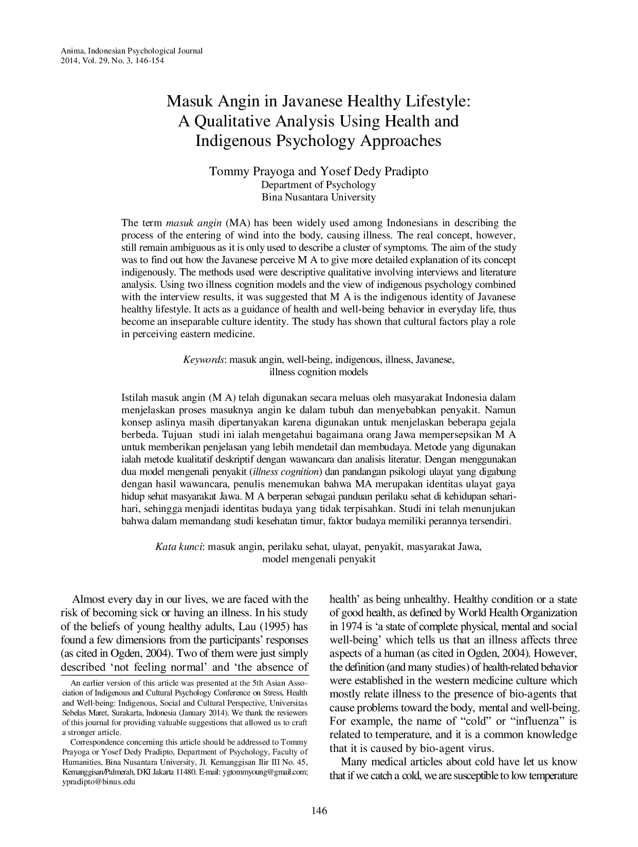 JURIS Masuk Angin in Javanese Healthy Lifestyle A Qualitative Analysis Using Health and Indigenous Psychology Approaches