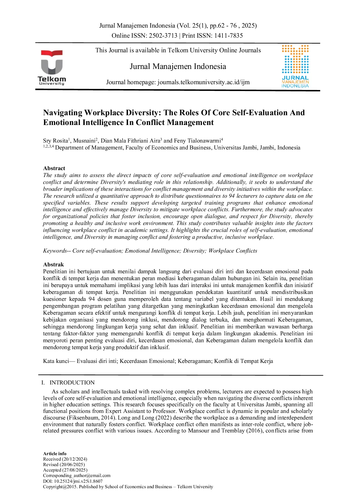 JURIS Navigating Workplace Diversity The Roles Of Core Self Evaluation And Emotional Intelligence In Conflict Management