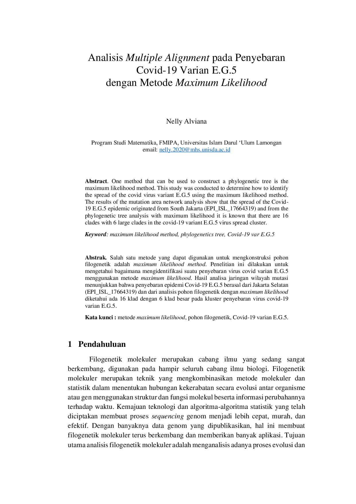 JURIS Analisis Multiple Alignment pada Penyebaran Covid 19 Varian E G 5 dengan Metode Maximum Likelihood