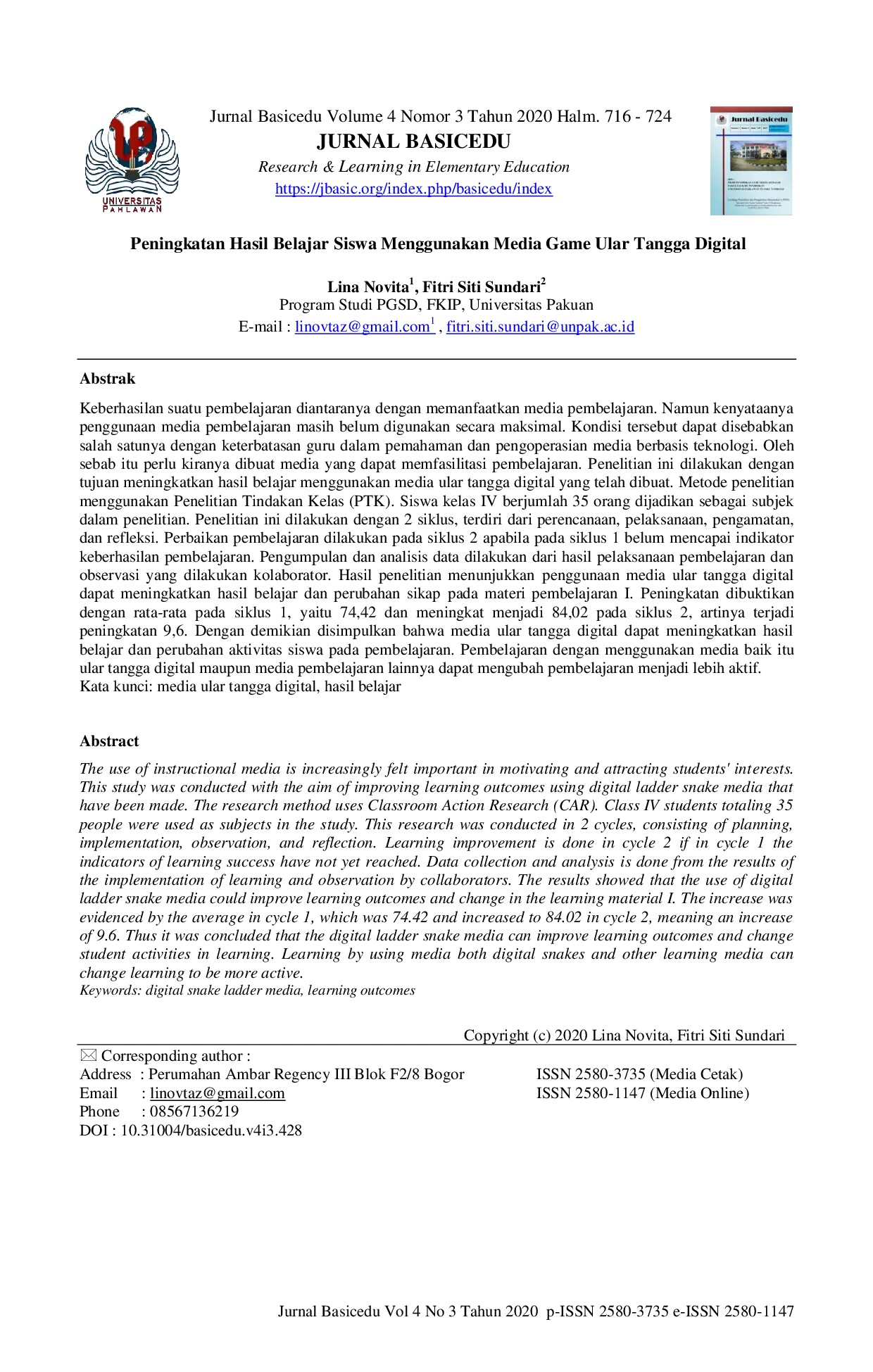 JURIS Peningkatan Hasil Belajar Siswa Menggunakan Media Game Ular Tangga Digital