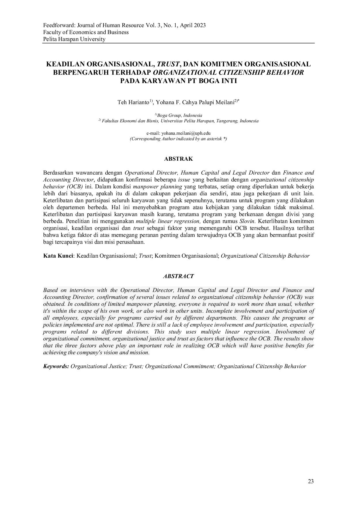 JURIS Keadilan Organisasional Trust dan Komitmen Organisasional Berpengaruh Terhadap Organizational Citizenship Behavior pada Karyawan PT Boga Inti Organizational Justice Trust and Organizational Commit