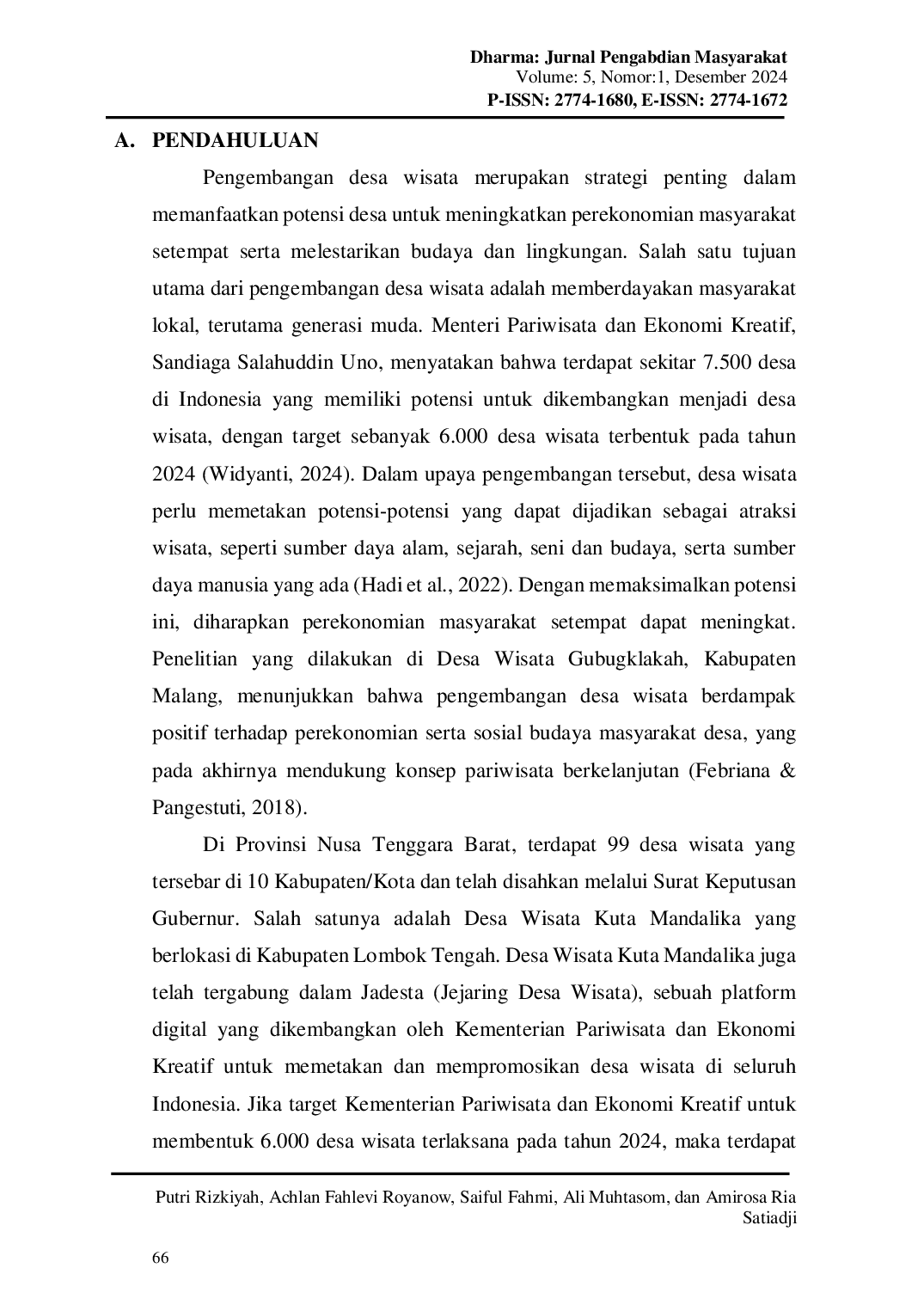 JURIS Peran Aktif Pemuda Karang Taruna Pujut dalam Pengembangan Desa Wisata Strategi Peningkatan Keterampilan dan Wawasan