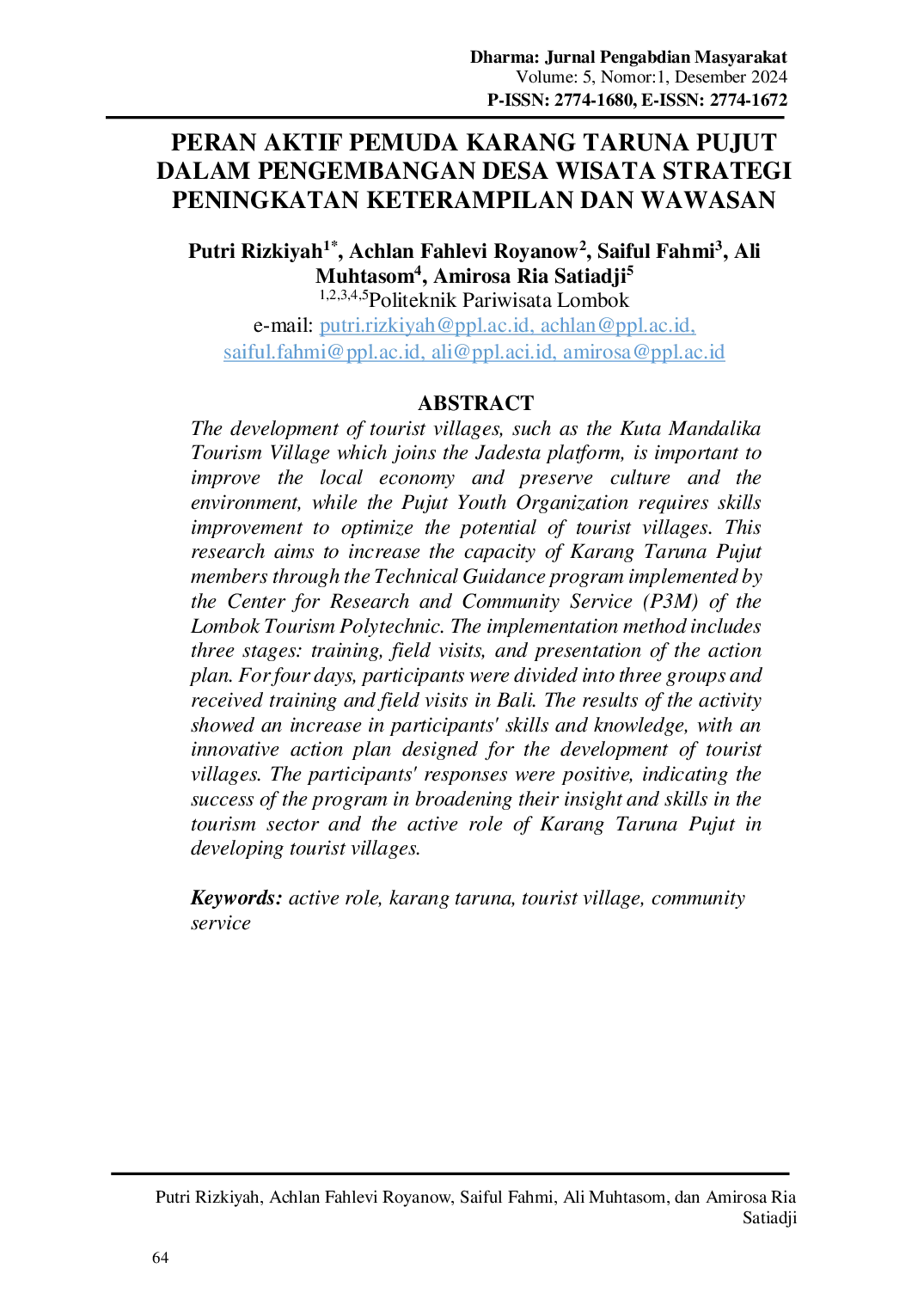 JURIS Peran Aktif Pemuda Karang Taruna Pujut dalam Pengembangan Desa Wisata Strategi Peningkatan Keterampilan dan Wawasan