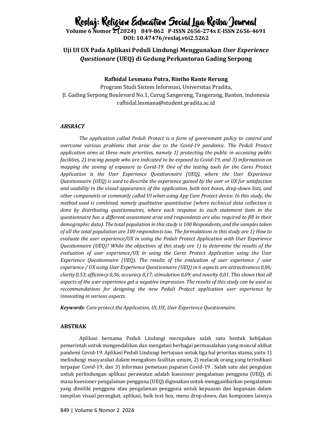 juris Uji UI UX Pada Aplikasi Peduli Lindungi Menggunakan User Experience Questionare UEQ di Gedung Perkantoran Gading Serpong