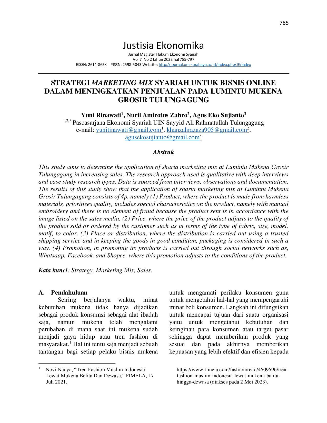 JURIS Strategi Marketing Mix Syariah untuk Bisnis Online dalam Meningkatkan Penjualan pada Lumintu Mukena Grosir Tulungagung