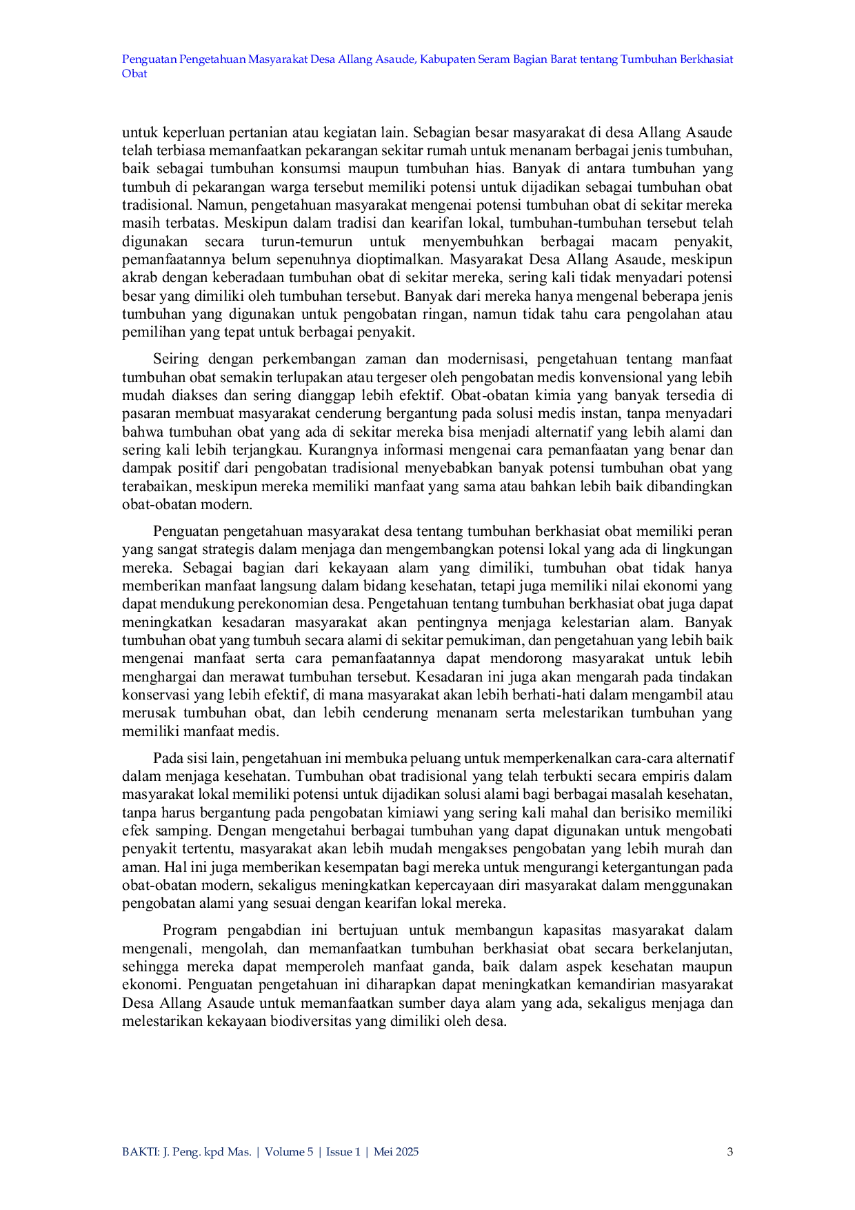 JURIS Penguatan Pengetahuan Masyarakat Desa Allang Asaude Kabupaten Seram Bagian Barat tentang Tumbuhan Berkhasiat Obat