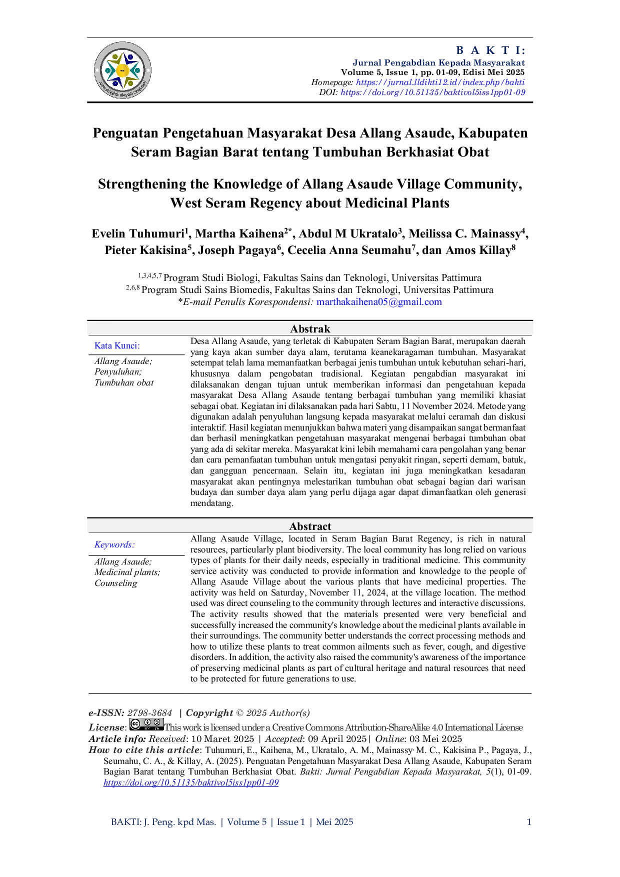 JURIS Penguatan Pengetahuan Masyarakat Desa Allang Asaude Kabupaten Seram Bagian Barat tentang Tumbuhan Berkhasiat Obat