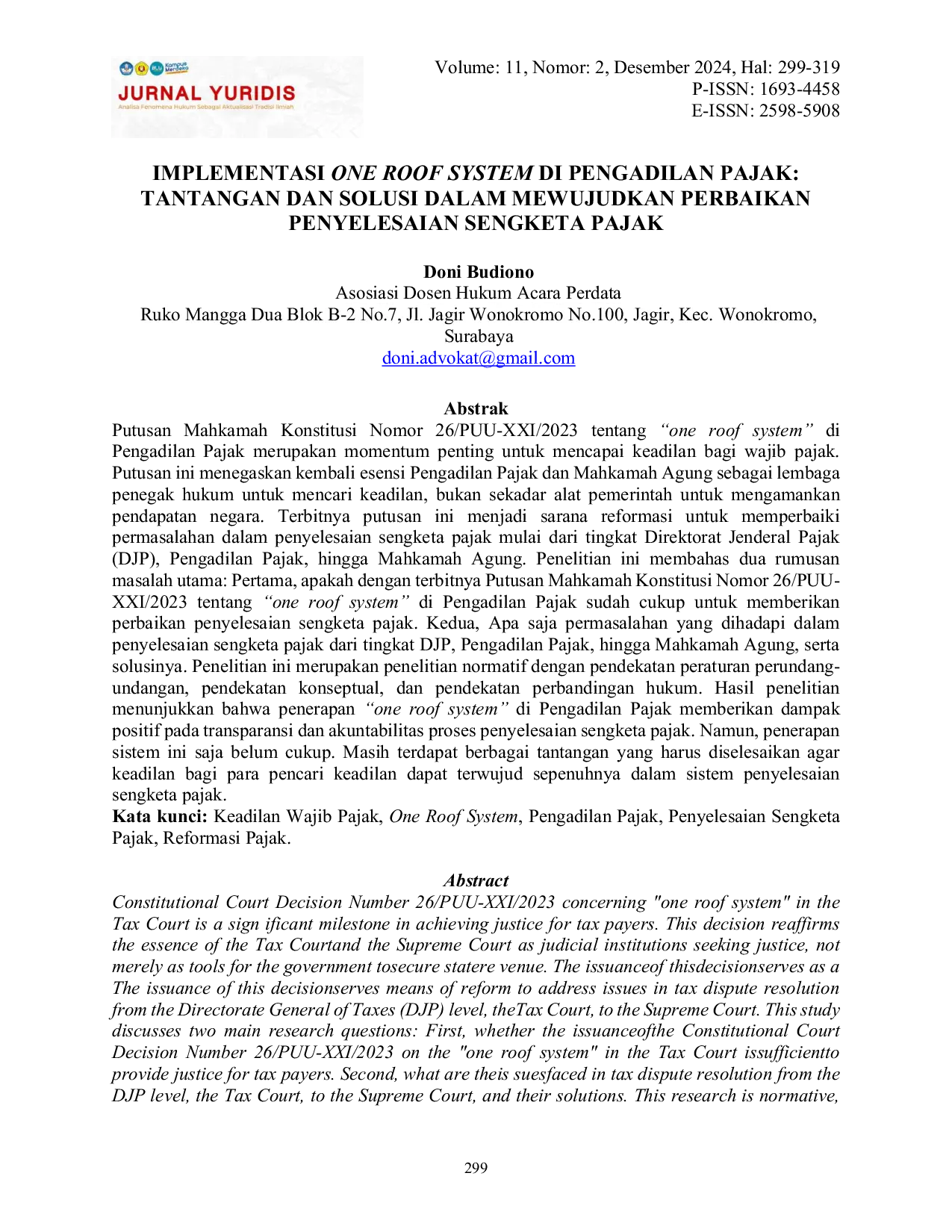JURIS Implementasi One Roof System di Pengadilan Pajak Tantangan dan Solusi dalam Mewujudkan Perbaikan Penyelesaian Sengketa Pajak