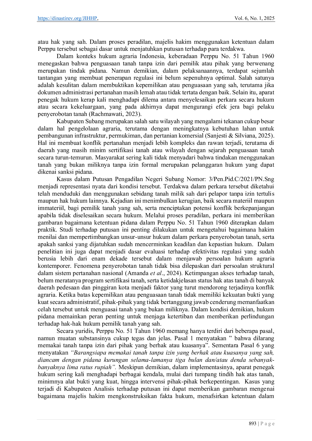 JURIS Penyerobotan Tanah Tanpa Izin di Kabupaten Subang Berdasarkan Peraturan Pemerintah Pengganti Undang Undang Nomor 51 Tahun 1960 Tentang Larangan Pemakaian Tanah Tanpa Izin yang Berhak Atas Kuasanya St