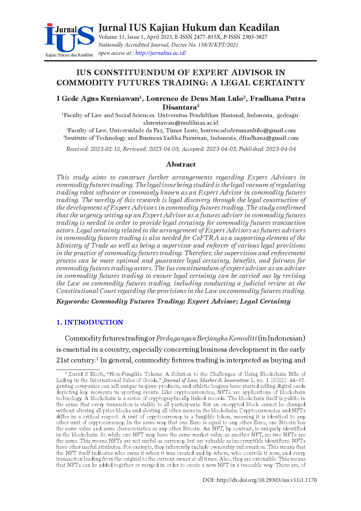 juris IUS Constituendum Of Expert Advisor In Commodity Futures Trading A Legal Certainty