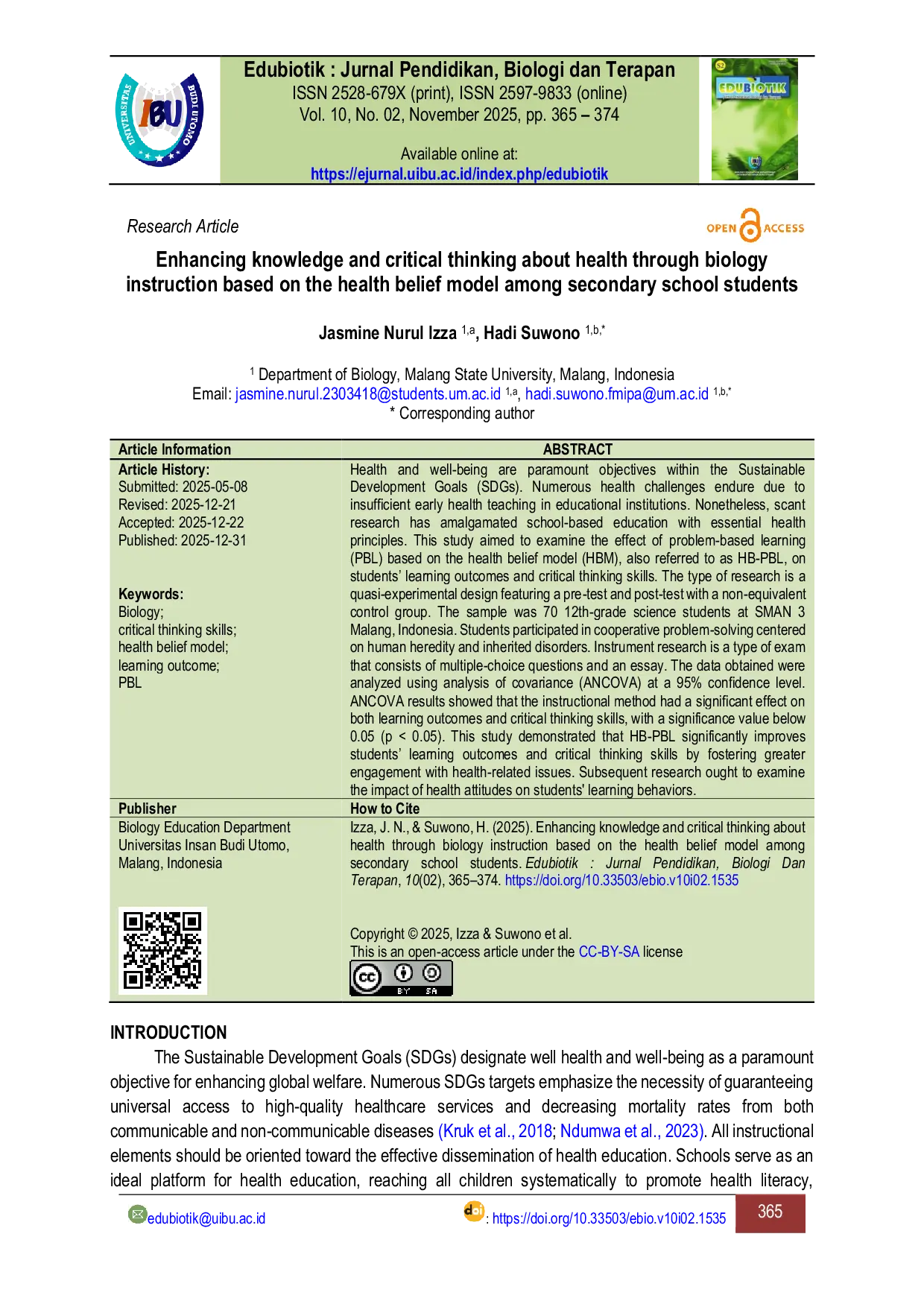 JURIS Enhancing knowledge and critical thinking about health through biology instruction based on the health belief model among secondary school students