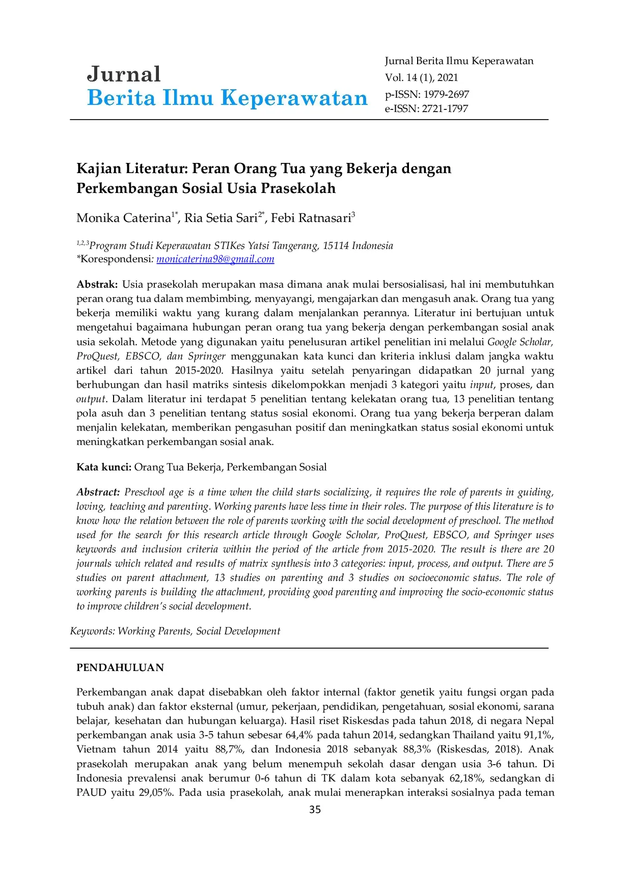 JURIS Kajian Literatur Peran Orang Tua yang Bekerja dengan Perkembangan Sosial Usia Prasekolah
