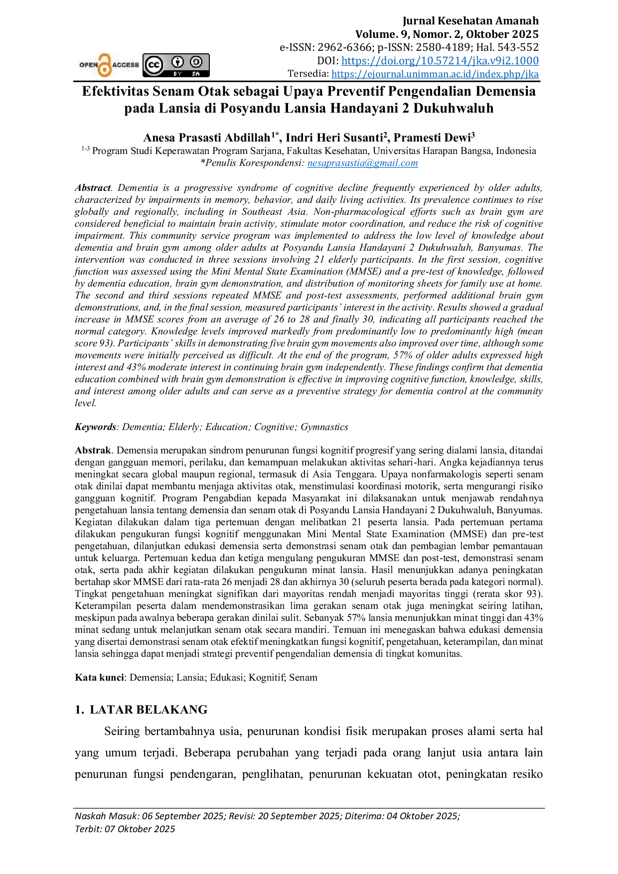 JURIS Efektivitas Senam Otak sebagai Upaya Preventif Pengendalian Demensia pada Lansia di Posyandu Lansia Handayani 2 Dukuhwaluh