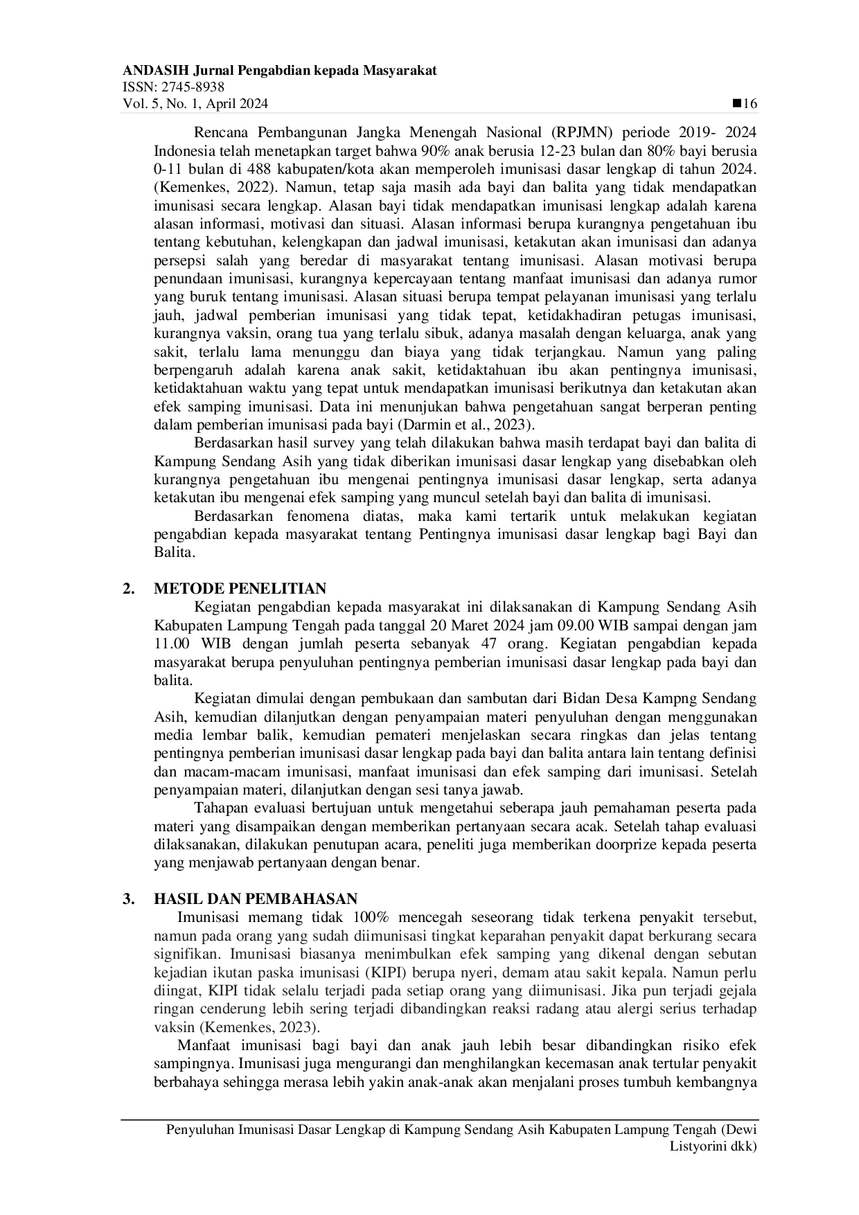 JURIS Penyuluhan Imunisasi Dasar Lengkap di Kampung Sendang Asih Kabupaten Lampung Tengah