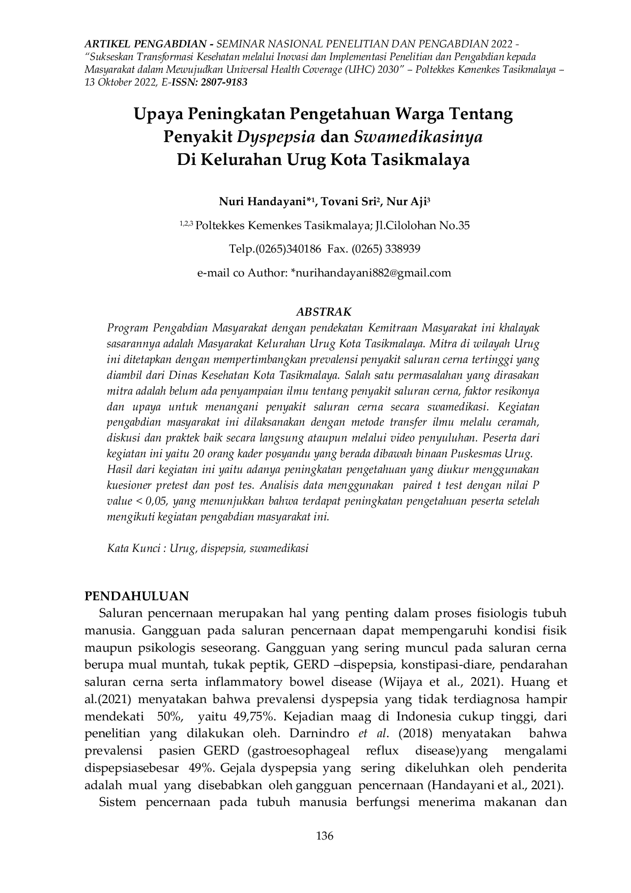 JURIS Upaya Peningkatan Pengetahuan Warga Tentang Penyakit Dyspepsia dan Swamedikasinya Di Kelurahan Urug Kota Tasikmalaya