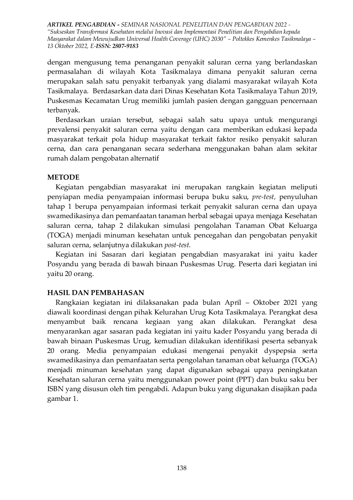 JURIS Upaya Peningkatan Pengetahuan Warga Tentang Penyakit Dyspepsia dan Swamedikasinya Di Kelurahan Urug Kota Tasikmalaya