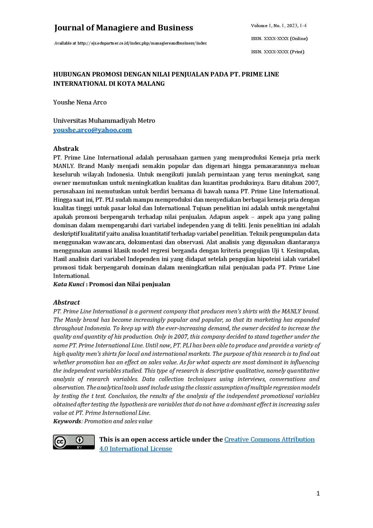 juris Hubungan Promosi Dengan Nilai Penjualan Pada PT Prime Line International Di Kota Malang