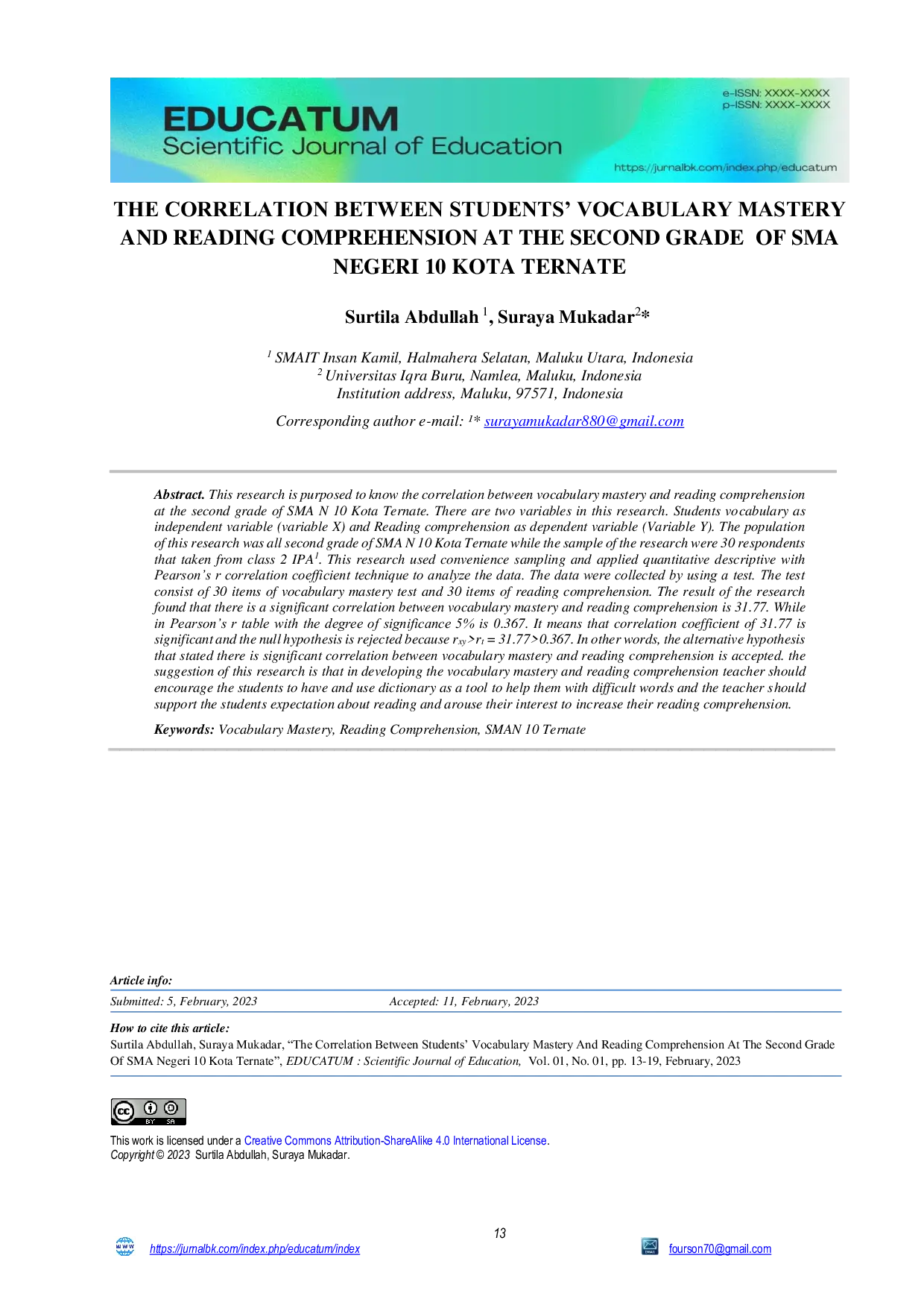 JURIS The Correlation Between Students Vocabulary Mastery And Reading Comprehension At The Second Grade Of Sma Negeri 10 Kota Ternate