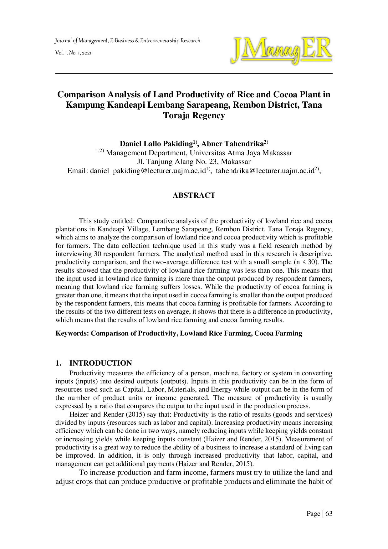 JURIS Comparison Analysis of Land Productivity of Rice and Cocoa Plant in Kampung Kandeapi Lembang Sarapeang Rembon District Tana Toraja Regency