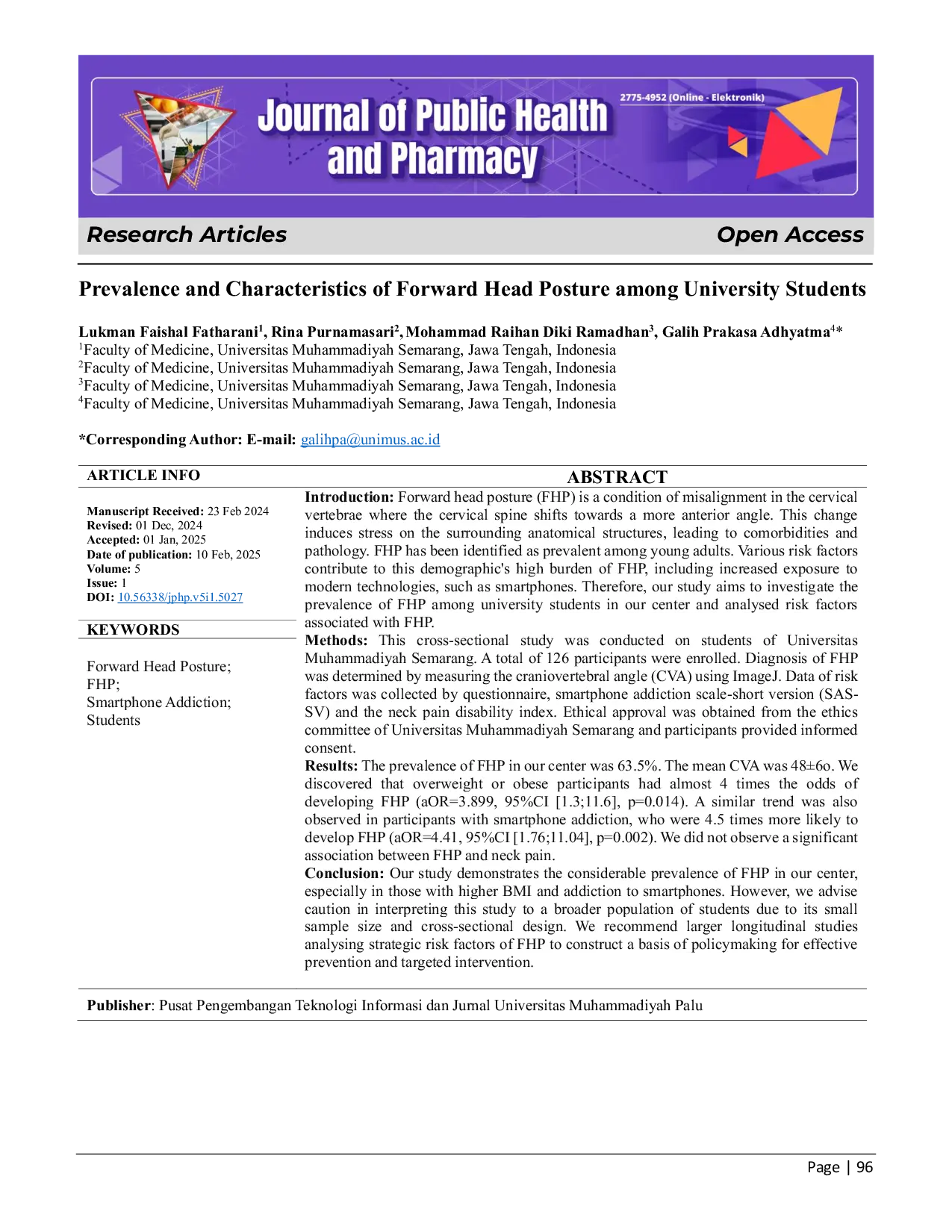 JURIS Prevalence and Characteristics of Forward Head Posture among University Students