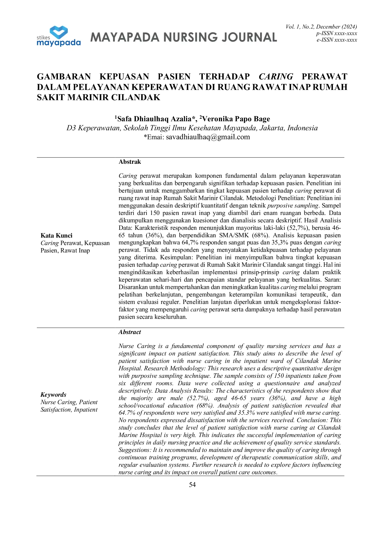 JURIS Gambaran Kepuasan Pasien Terhadap Caring Perawat Dalam Pelayanan Keperawatan Di Ruang Rawat Inap Rumah Sakit Marinir Cilandak