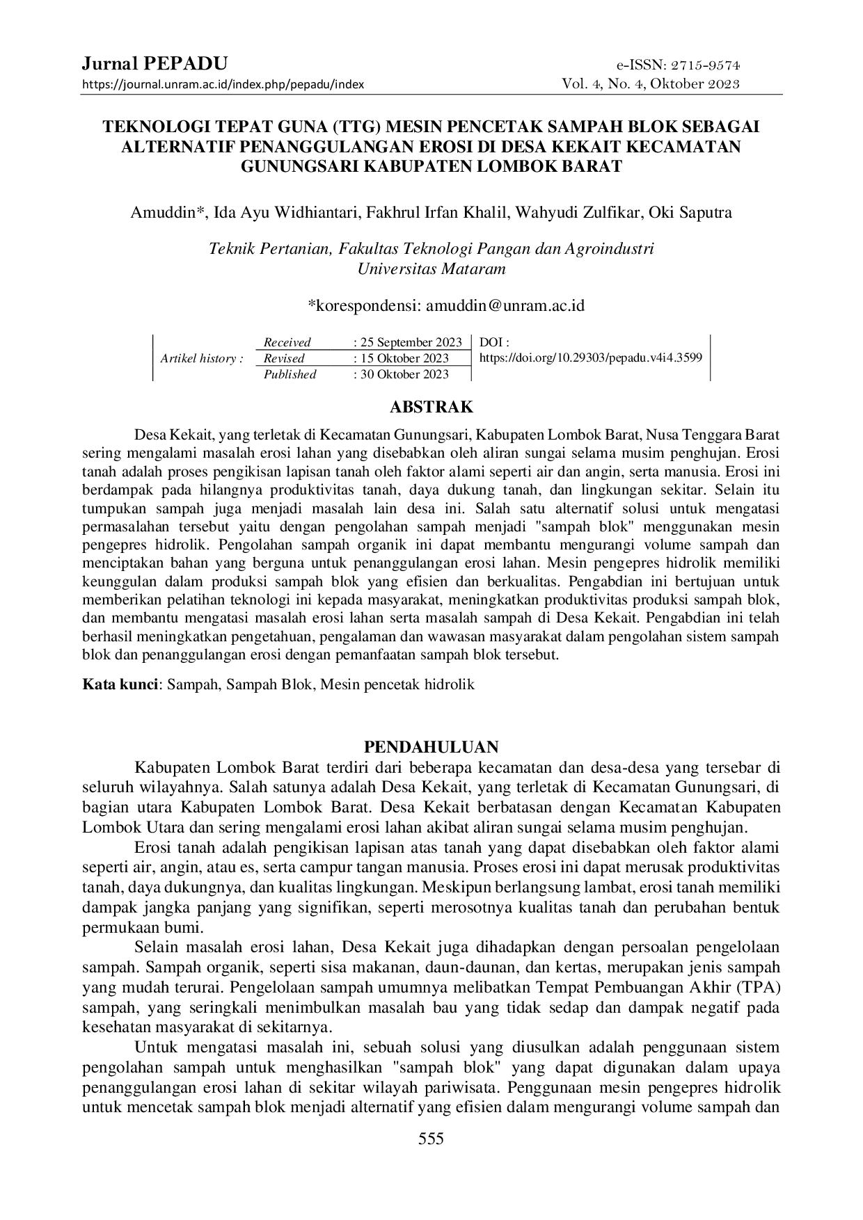 JURIS Teknologi Tepat Guna TTG Mesin Pencetak Sampah Blok Sebagai Alternatif Penanggulangan Erosi Di Desa Kekait Kecamatan Gunungsari Kabupaten Lombok Barat