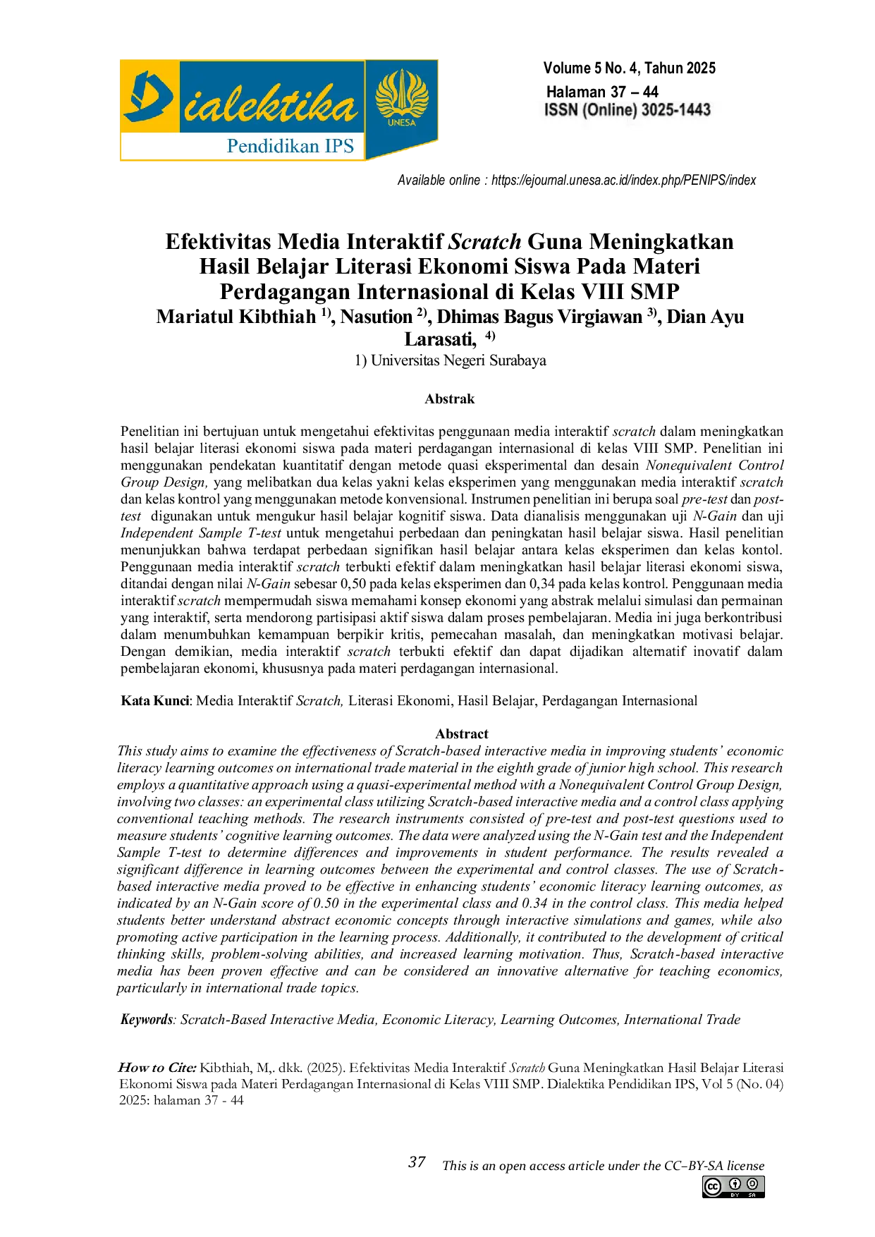 JURIS Efektivitas Media Interaktif Scratch Guna Meningkatkan Hasil Belajar Literasi Ekonomi Siswa Pada Materi Perdagangan Internasional di Kelas VIII SMP