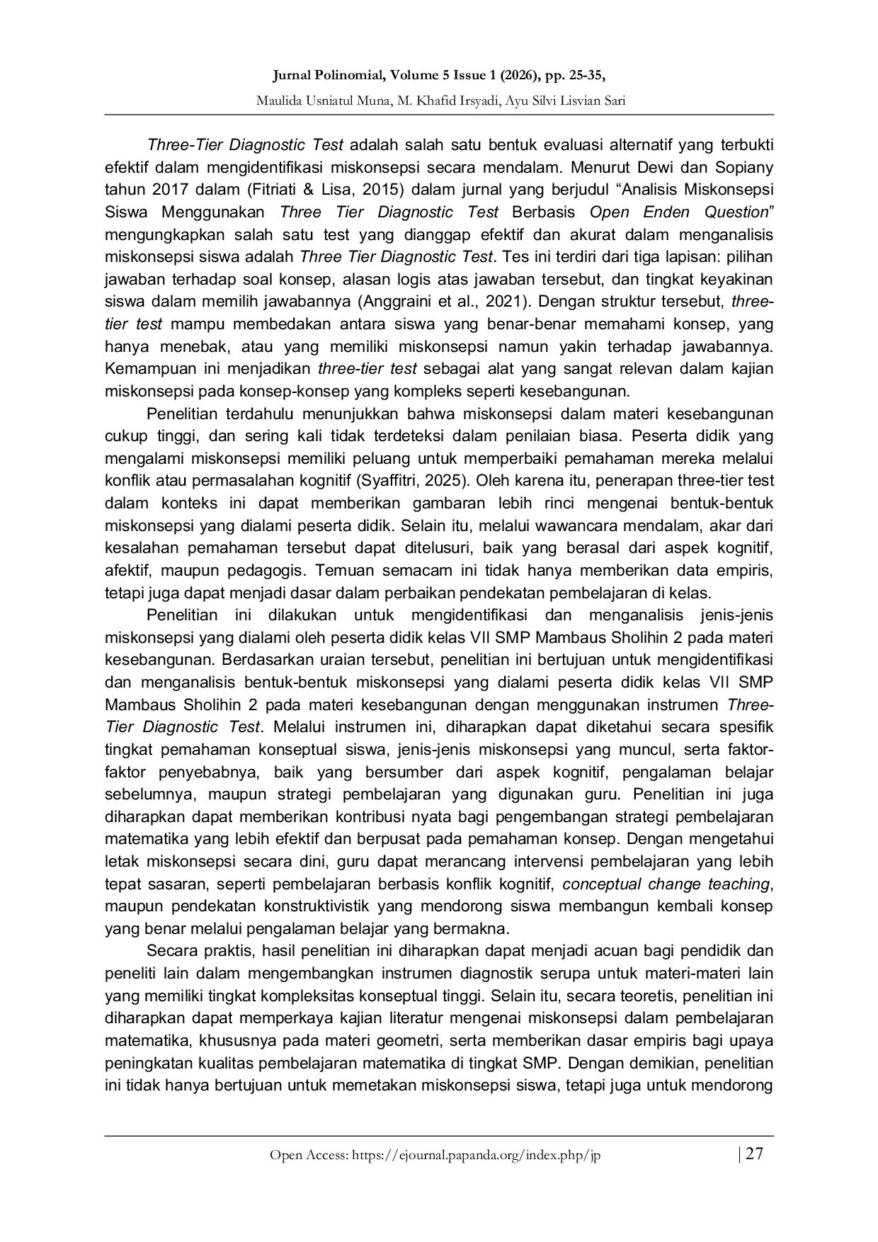 JURIS Kajian Miskonsepsi Kesebangunan dengan Three Tier Test pada Peserta Didik SMP Mambaus Sholihin 2