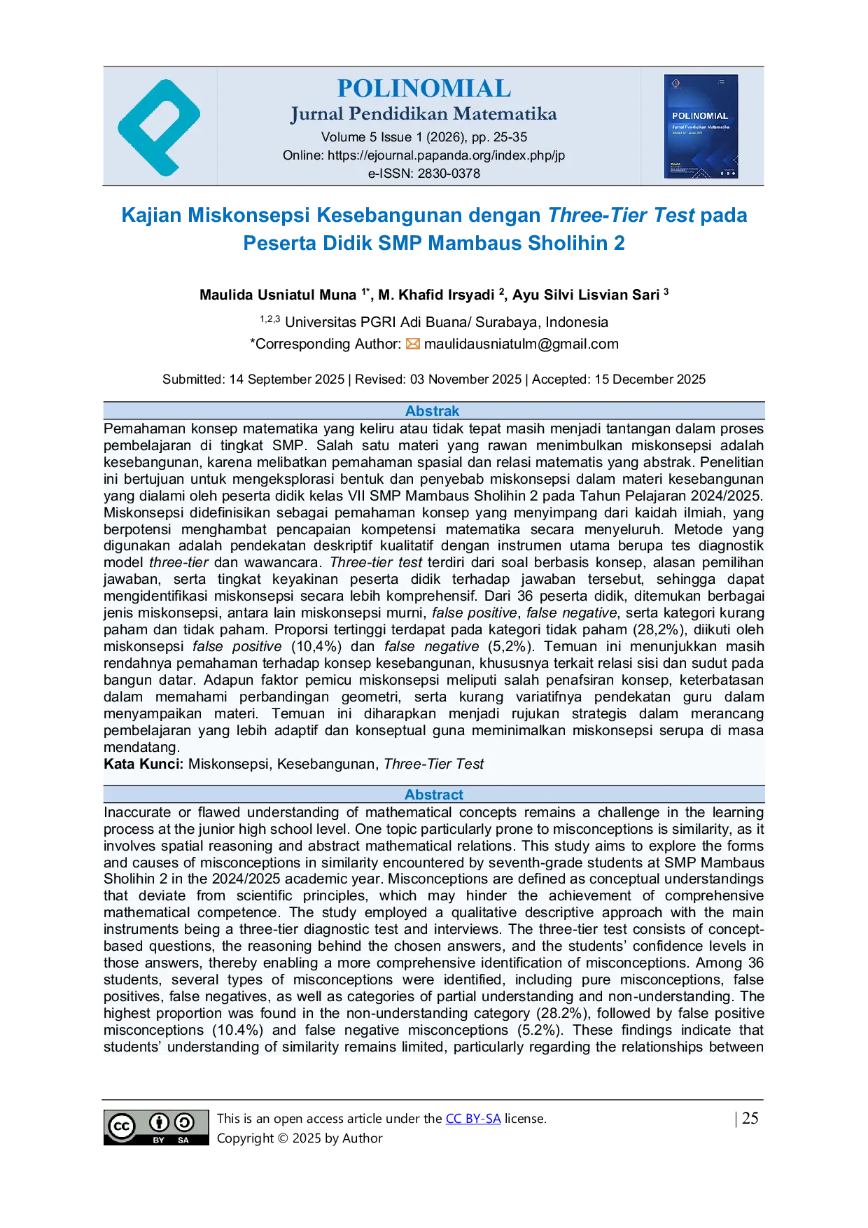 JURIS Kajian Miskonsepsi Kesebangunan dengan Three Tier Test pada Peserta Didik SMP Mambaus Sholihin 2
