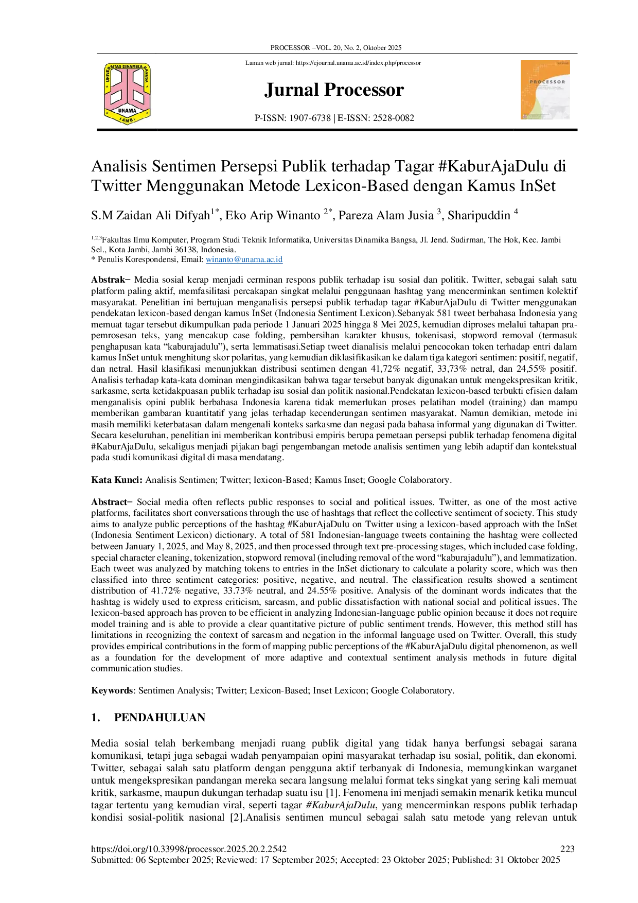 JURIS Analisis Sentimen Terhadap Tagar Kabur Aja Dulu Di Twitter Menggunakan Metode Lexicon Based