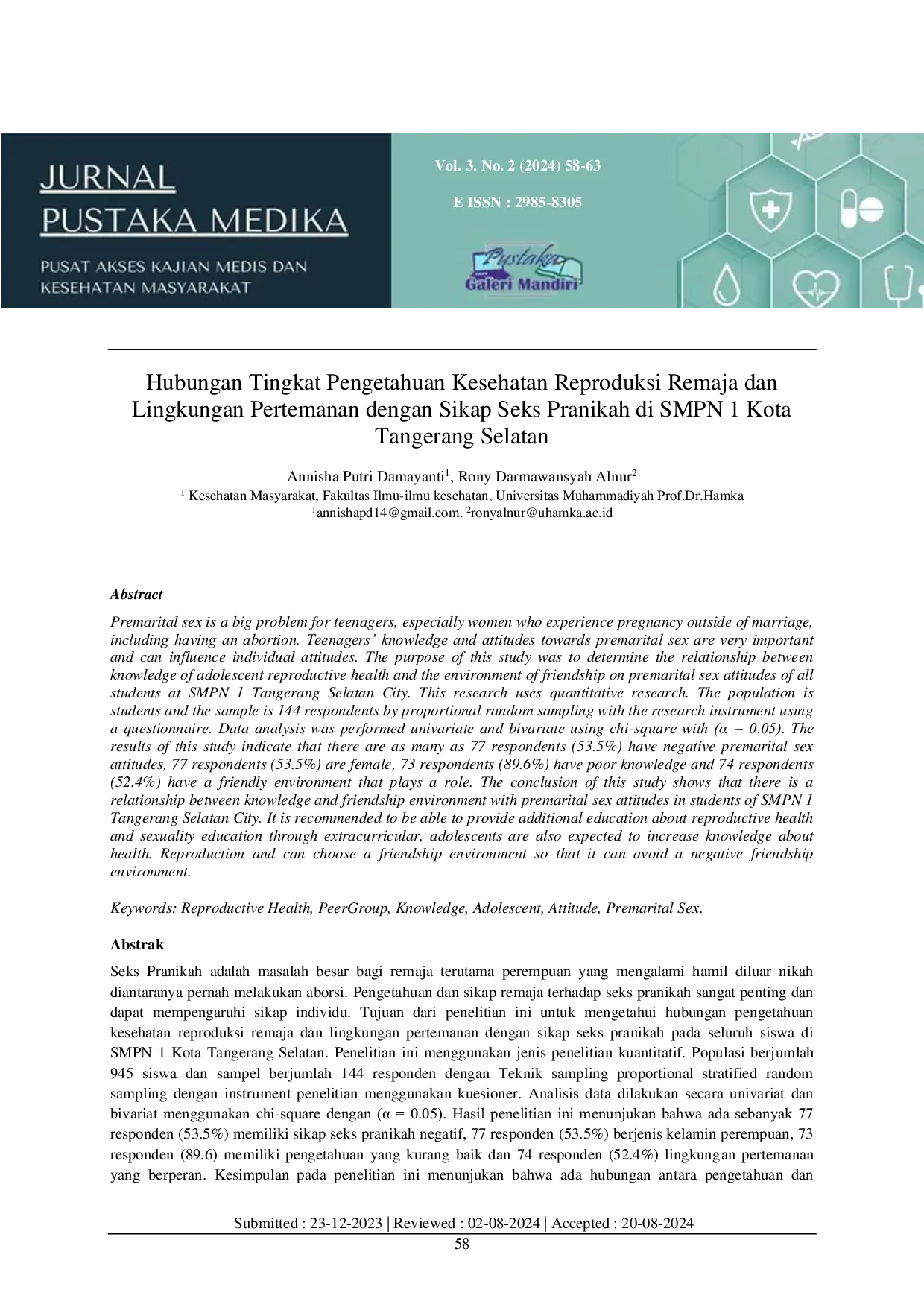 JURIS Hubungan Tingkat Pengetahuan Kesehatan Reproduksi Remaja dan Lingkungan Pertemanan dengan Sikap Seks Pranikah di SMPN 1 Kota Tangerang Selatan