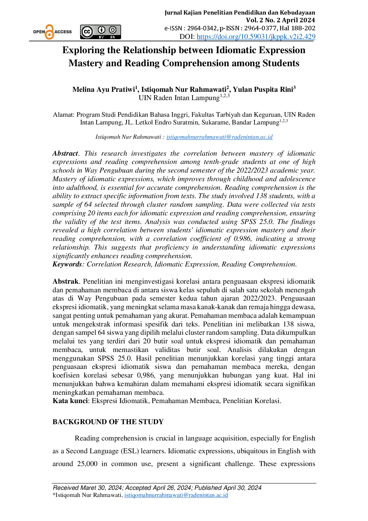 juris Exploring the Relationship between Idiomatic Expression Mastery and Reading Comprehension among Students