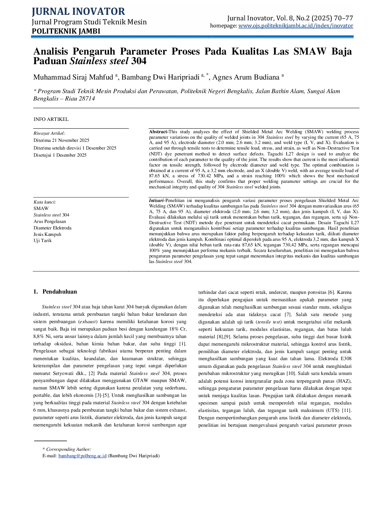 JURIS Analisis Pengaruh Parameter Proses Pada Kualitas Las SMAW Baja Paduan Stainless Steel 304